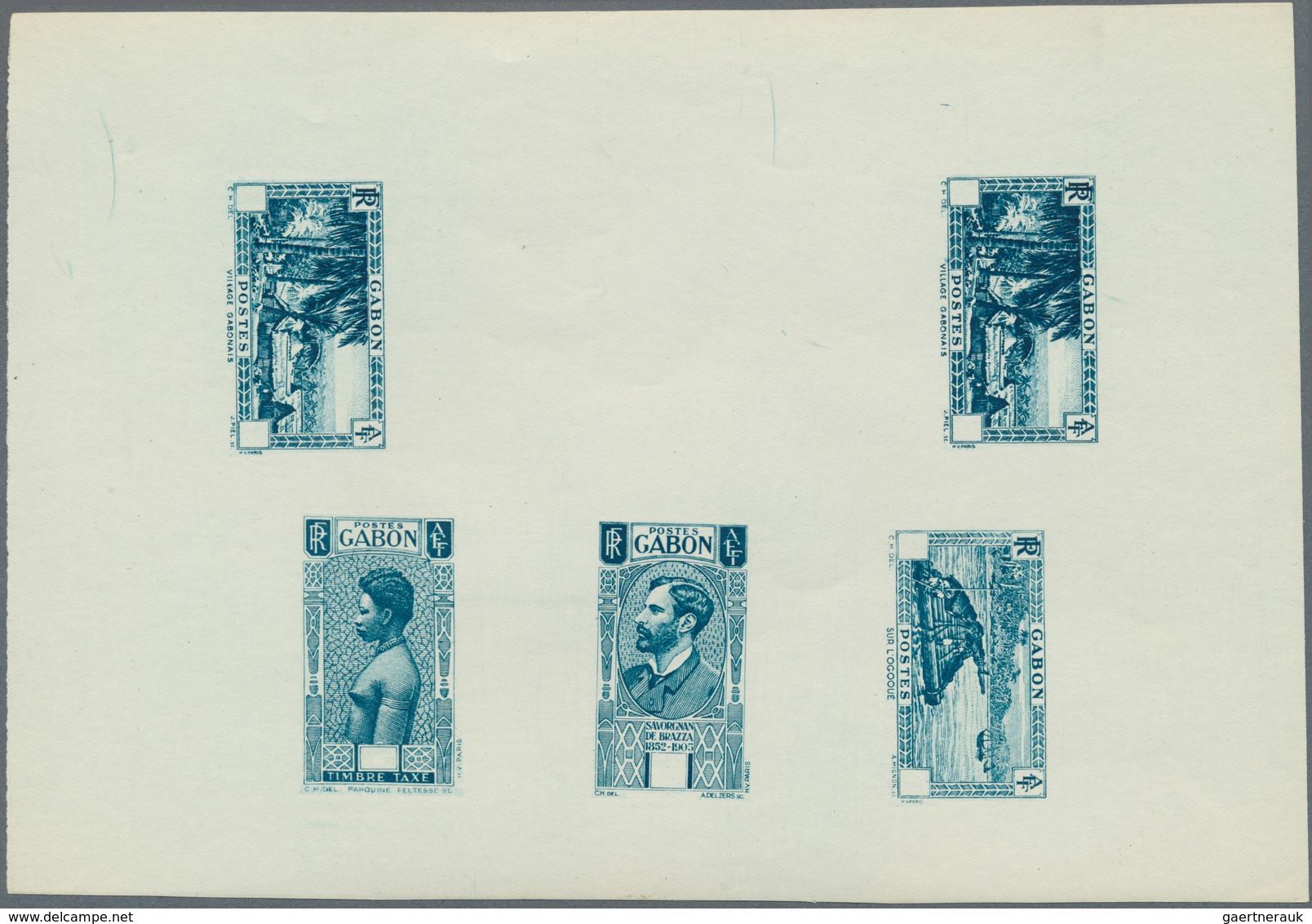 12012 Gabun: 1932/1933, Gabon. Collective Proof Sheet With 5 Values In Blue-green On Gummed Papier Contain - Sonstige & Ohne Zuordnung