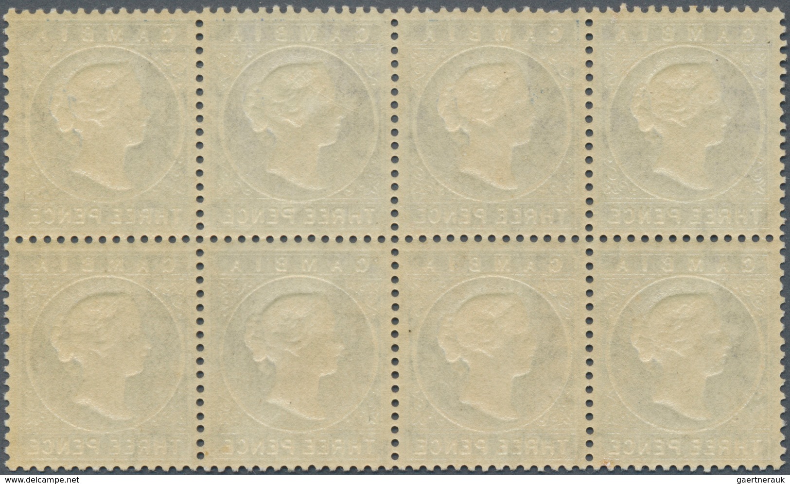 12014 Gambia: 1882, QV 3 D. Pale Dull-ultramarine With Inverted Watermark IN A BLOCK OF EIGHT, All Values - Gambie (1965-...)