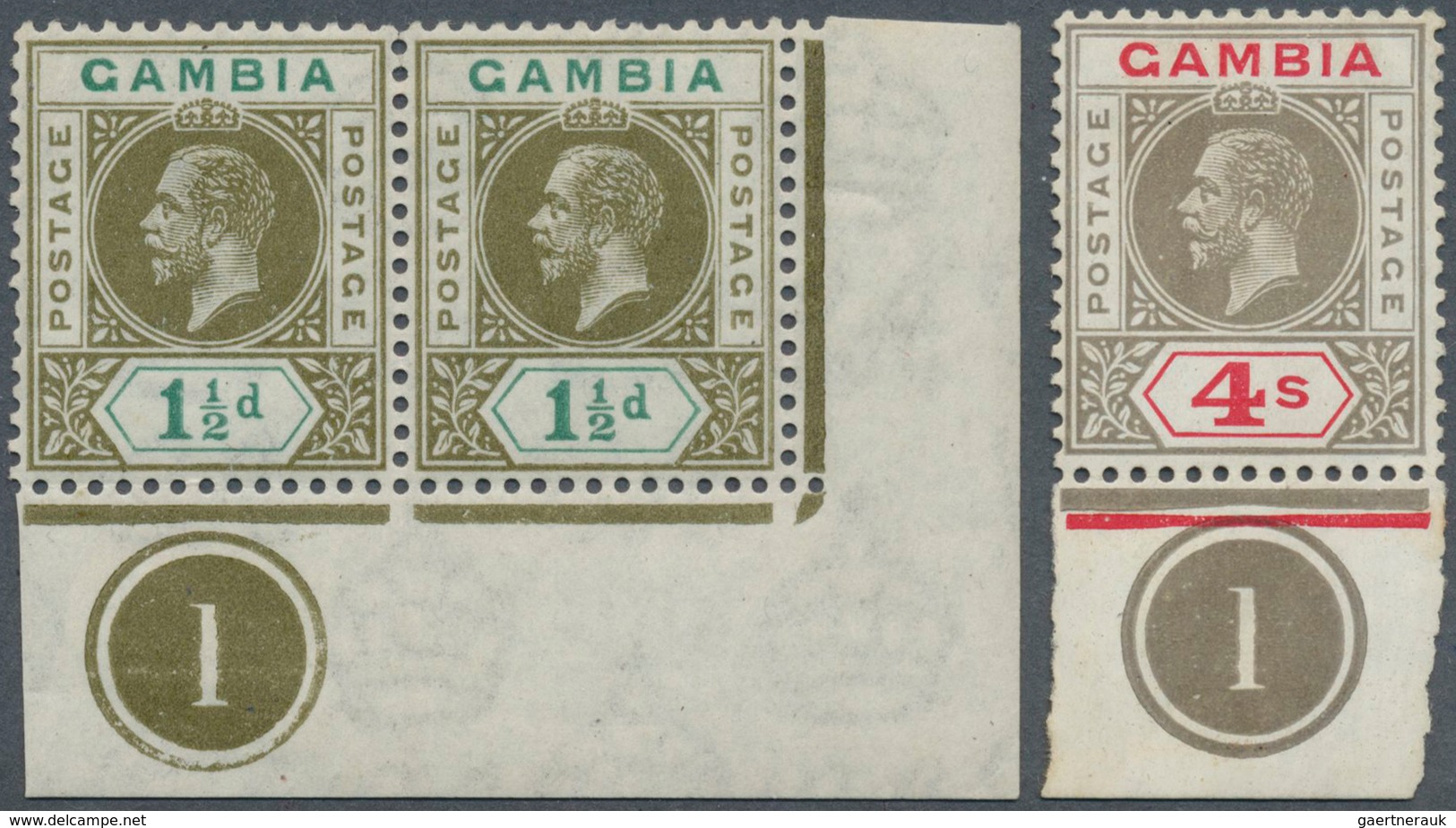 12015 Gambia: 1921/1922, KGV Definitives With Mult Script CA Wmk. 1½d. Olive-green/blue-green Horiz. Pair - Gambie (1965-...)