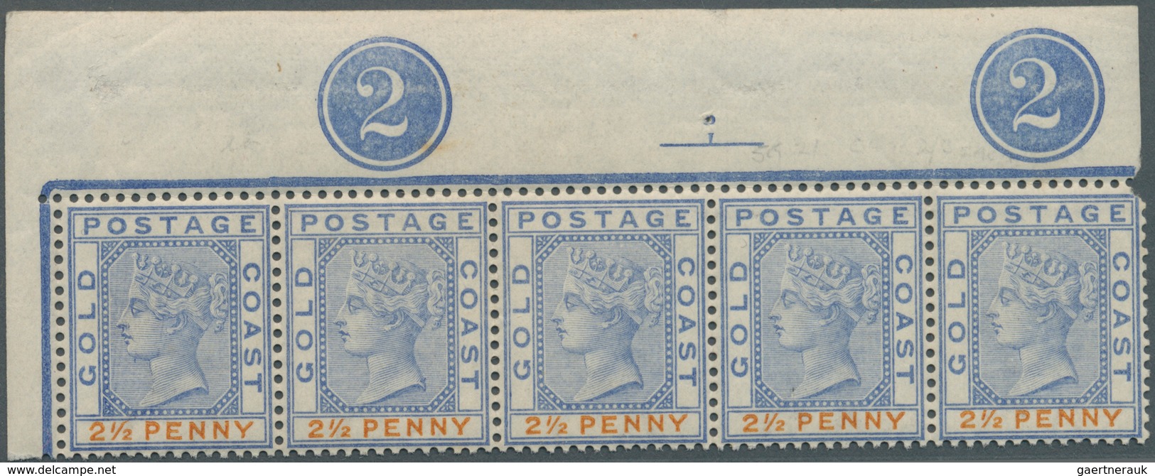 12018 Goldküste: 1891, QV 2½d. Ultramarine/orange With Wmk. Crown CA Horizontal Strip Of Five From Upper R - Goldküste (...-1957)