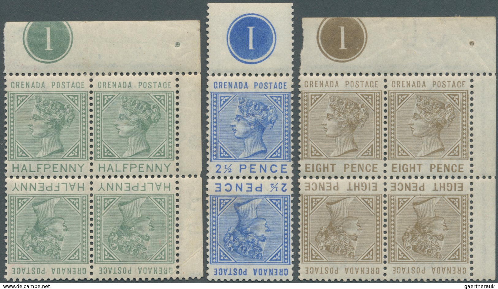 12022 Grenada: 1883, QV Definitives With Wmk. Crown CA Tete-beche Issue Incl. ½d. And 8d. Blocks/4 And 2½d - Grenada (...-1974)