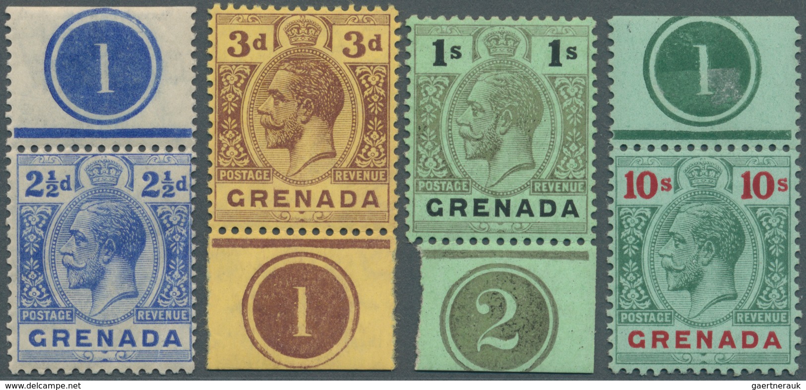 12024 Grenada: 1913, KGV Definitives With Wmk. Mult Crown CA Six Different Stamps Incl. Singles 2½d. Blue, - Grenade (...-1974)