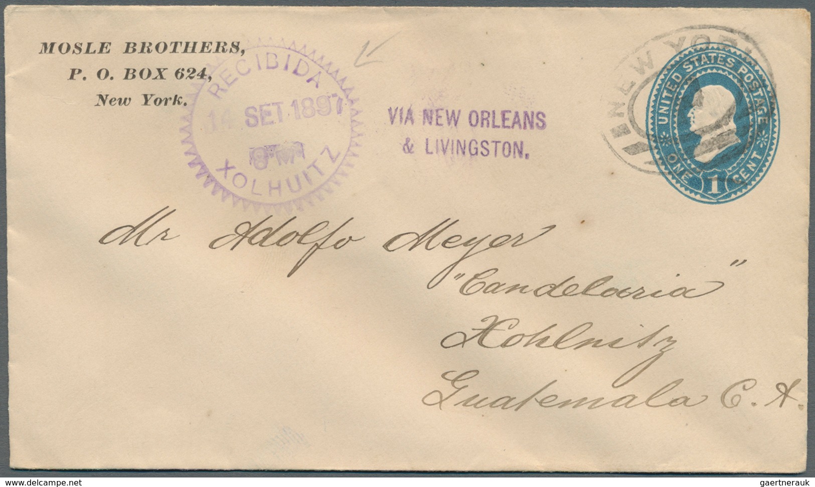 12033 Guatemala: XOLHUITZ 16 SET 1887 And COLOMBIA 6 OCT 1896, Two Violet "Recibida"-arrivals On Two Very - Guatemala