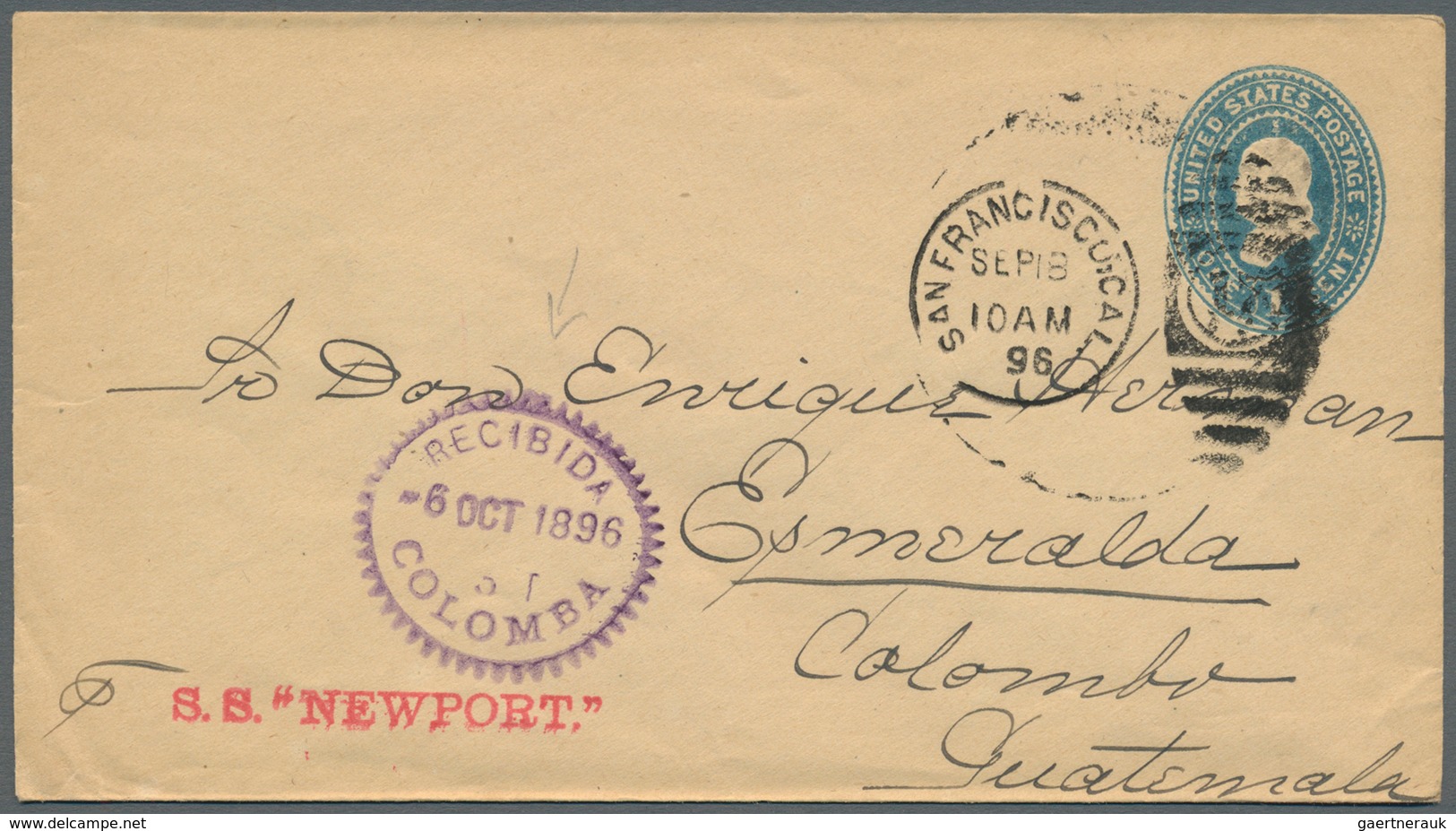 12033 Guatemala: XOLHUITZ 16 SET 1887 And COLOMBIA 6 OCT 1896, Two Violet "Recibida"-arrivals On Two Very - Guatemala