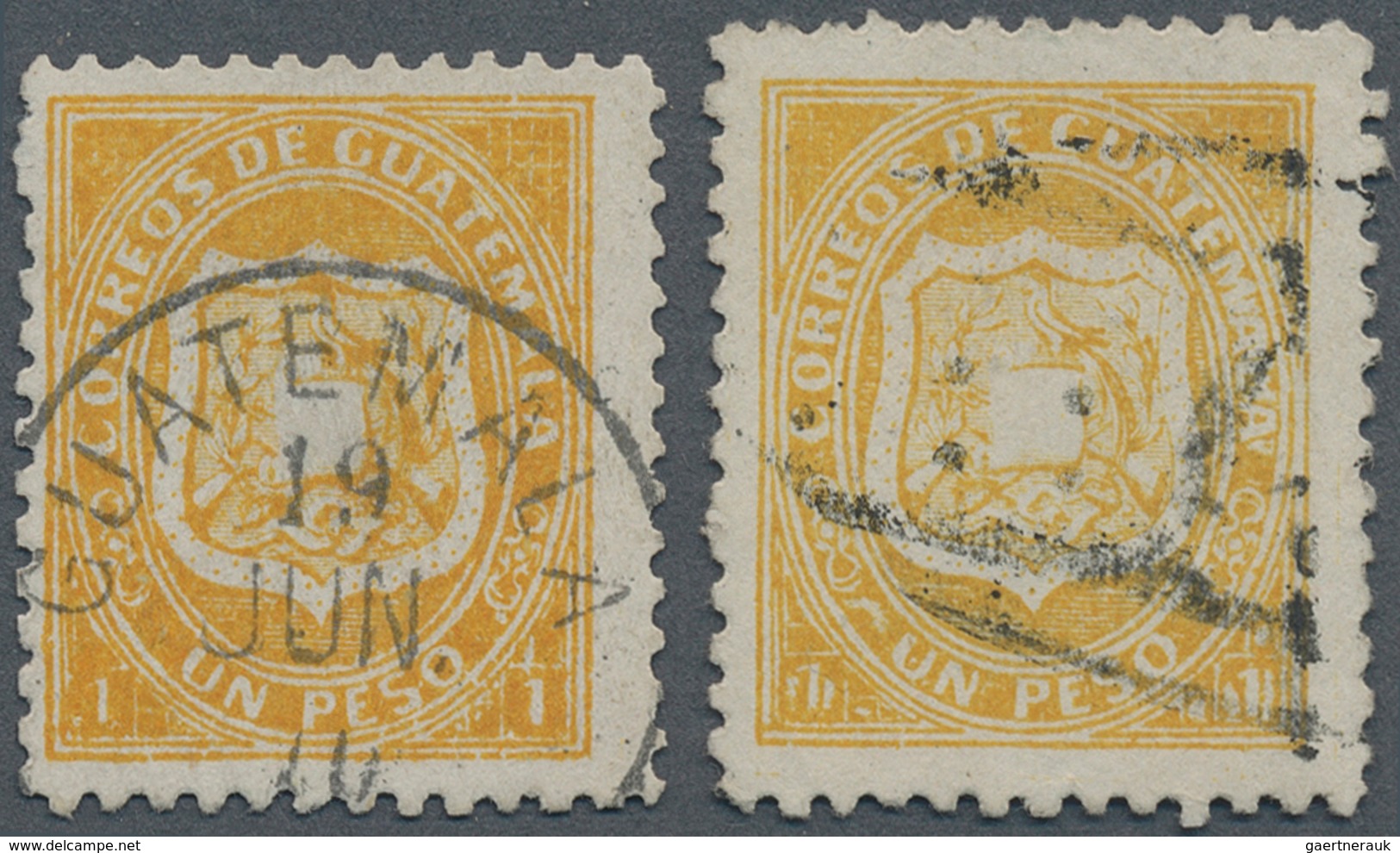 12035 Guatemala: 1872, 1 Peso Orangegelb Mit Datumstempel Geprüft Georg Bühler, Dazu 1 Peso Gelb Mit Numme - Guatemala