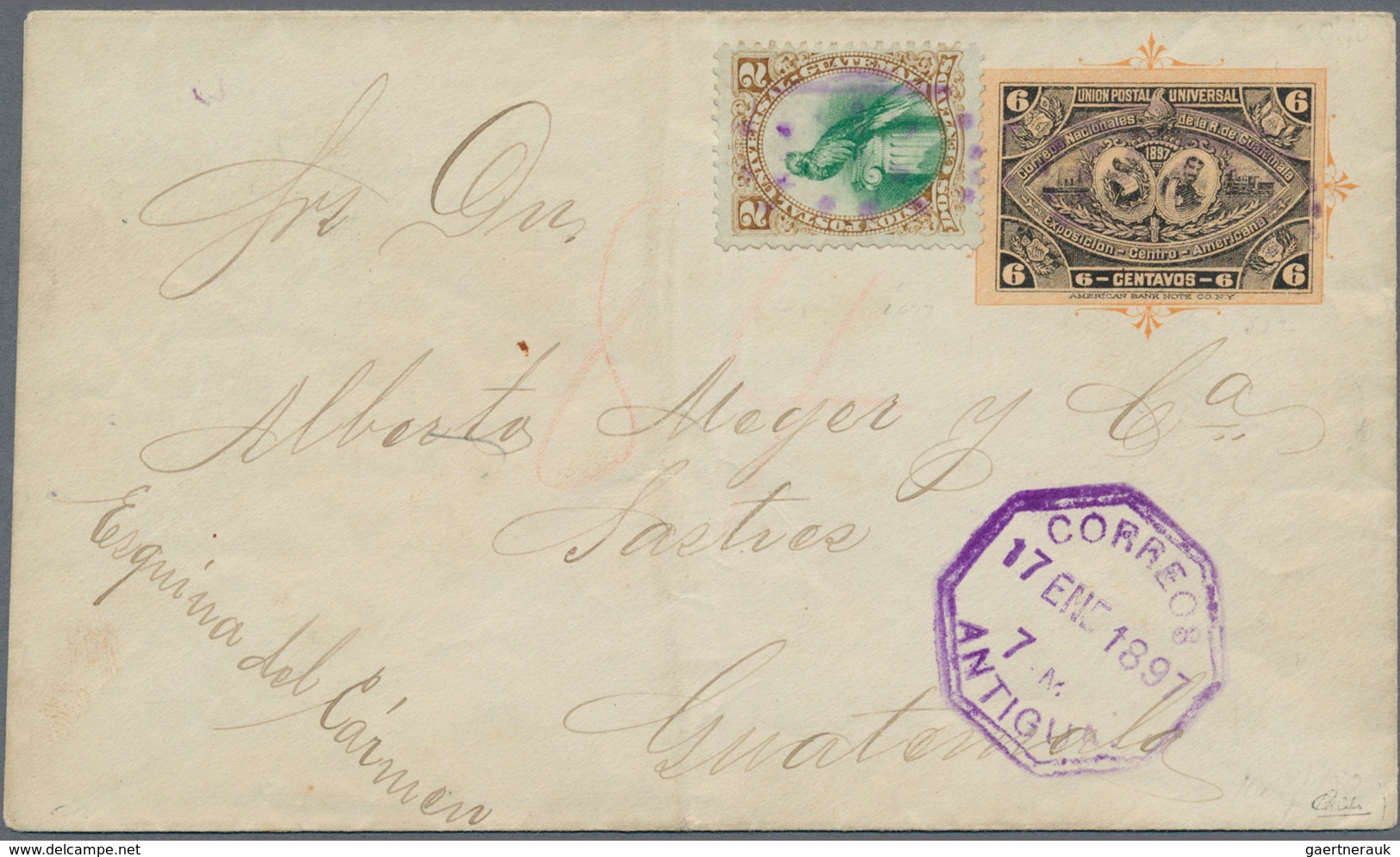 12036A Guatemala: 1897, 2c. Brown/green Uprating A Stationery Envelope 6c. Black/salmon, Domestic Usage Fro - Guatemala