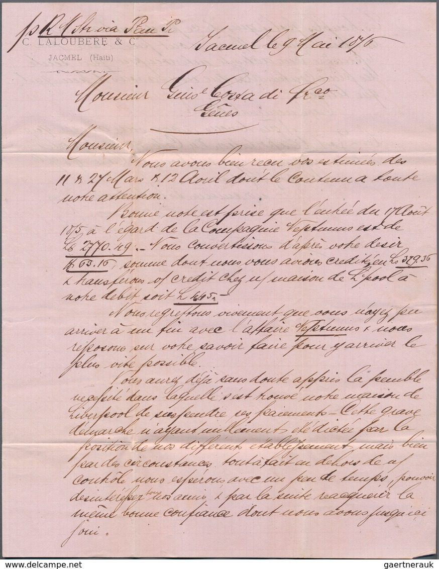12039A Haiti: 1879, JACMEL, Unpaid Lettersheet To Genova/Italy With Complete Message Dated "9 Mai 1876", Ba - Haïti