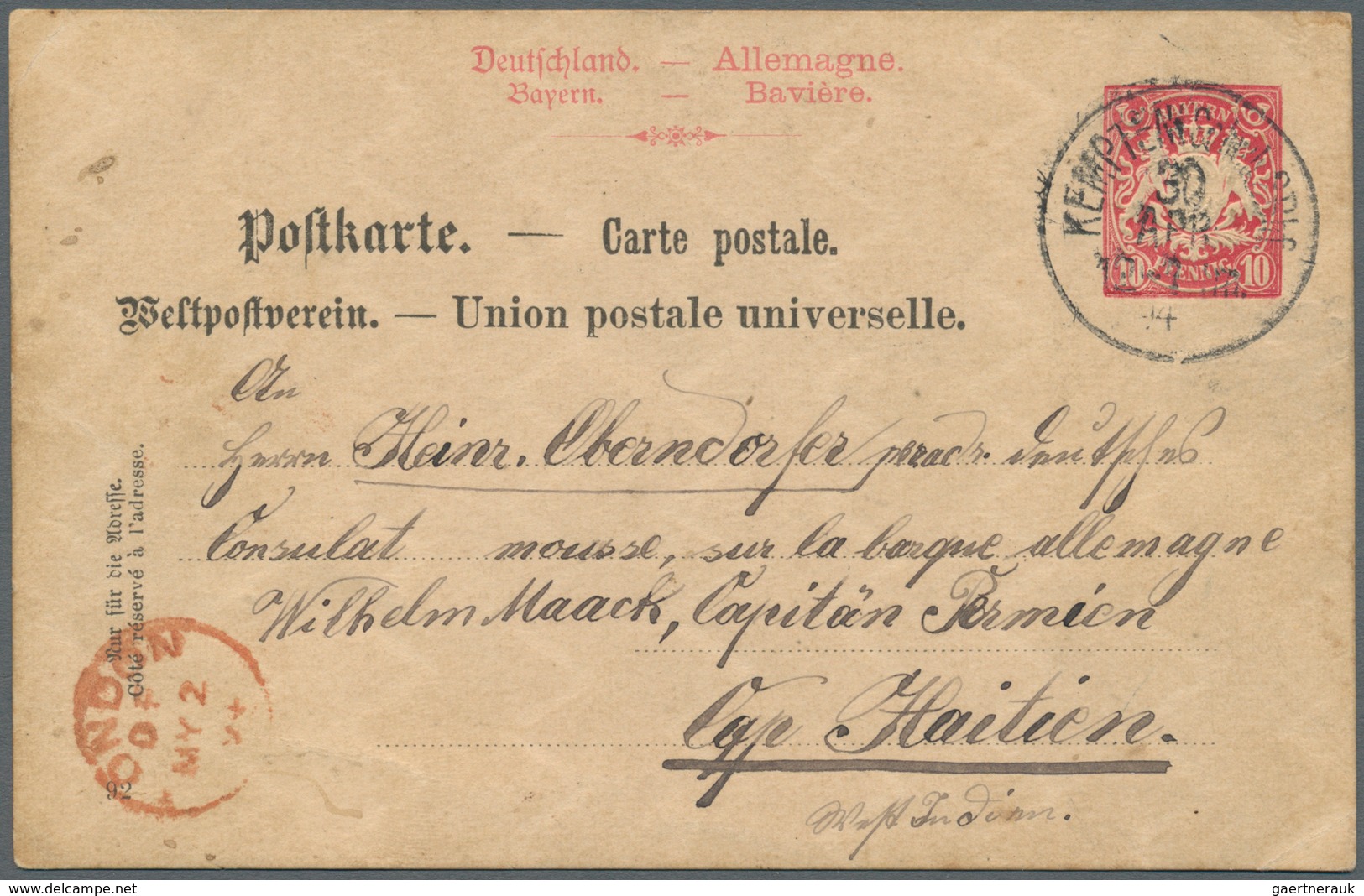 12041 Haiti: 1894, Bavarian Stationery Card 10 Pf. Sent From "KEMPTEN 30 APR 1894" Via "LONDON MY 2 94" To - Haïti