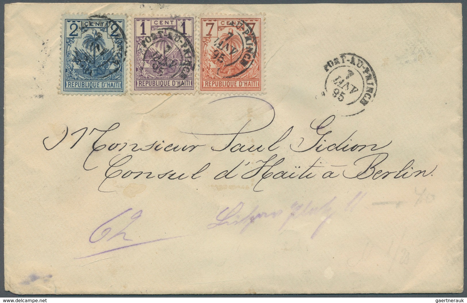 12042 Haiti: 1895, 1 Cent, 2 Cent And 7 Cent Letter With Three Colour Franking From PORT AU PRINCE JAN 7 W - Haiti