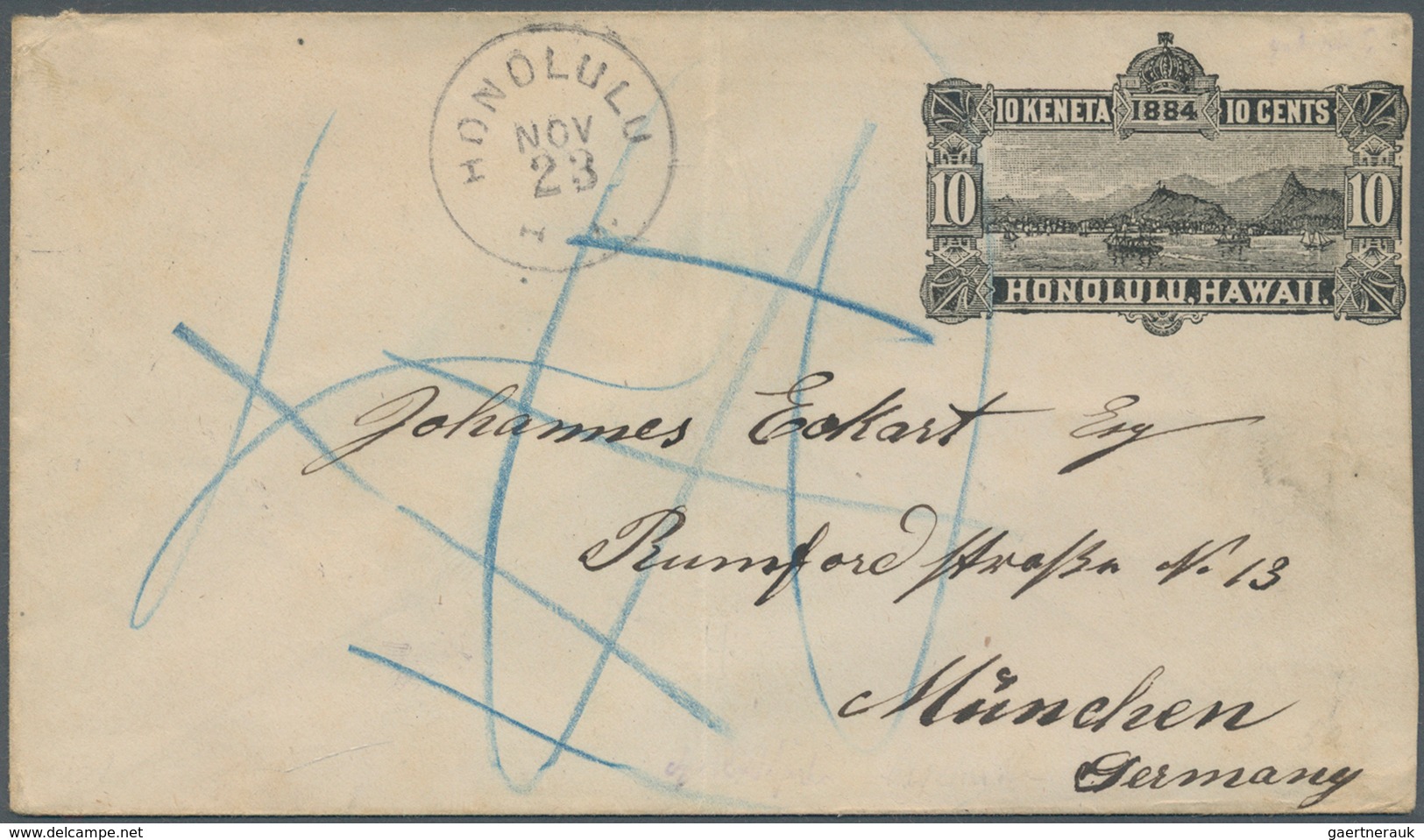 12044 Hawaii: 1884, 10 Cent Black Stationery Envelope Used From "HONOLULU NOV 23 1884" Via "NEW YORK DEC 9 - Hawaii