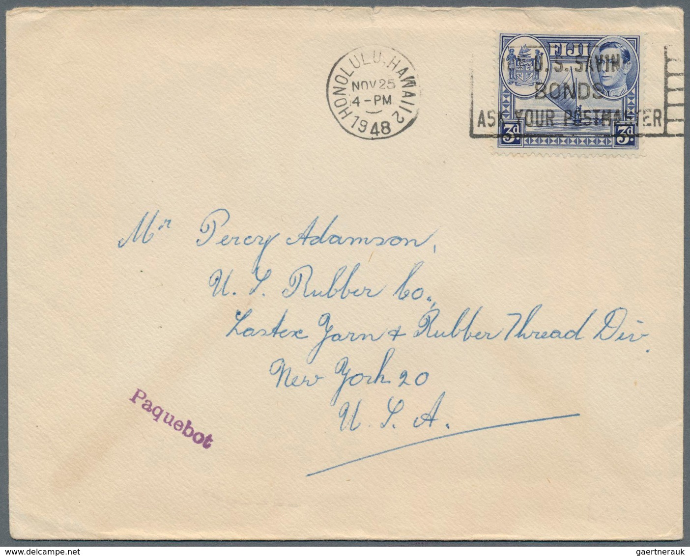 12044A Hawaii: 1948, INCOMING TRANSIT MAIL: Fiji, 3 D Blue KGVI, Single Franking On Cover Addressed To New - Hawaii