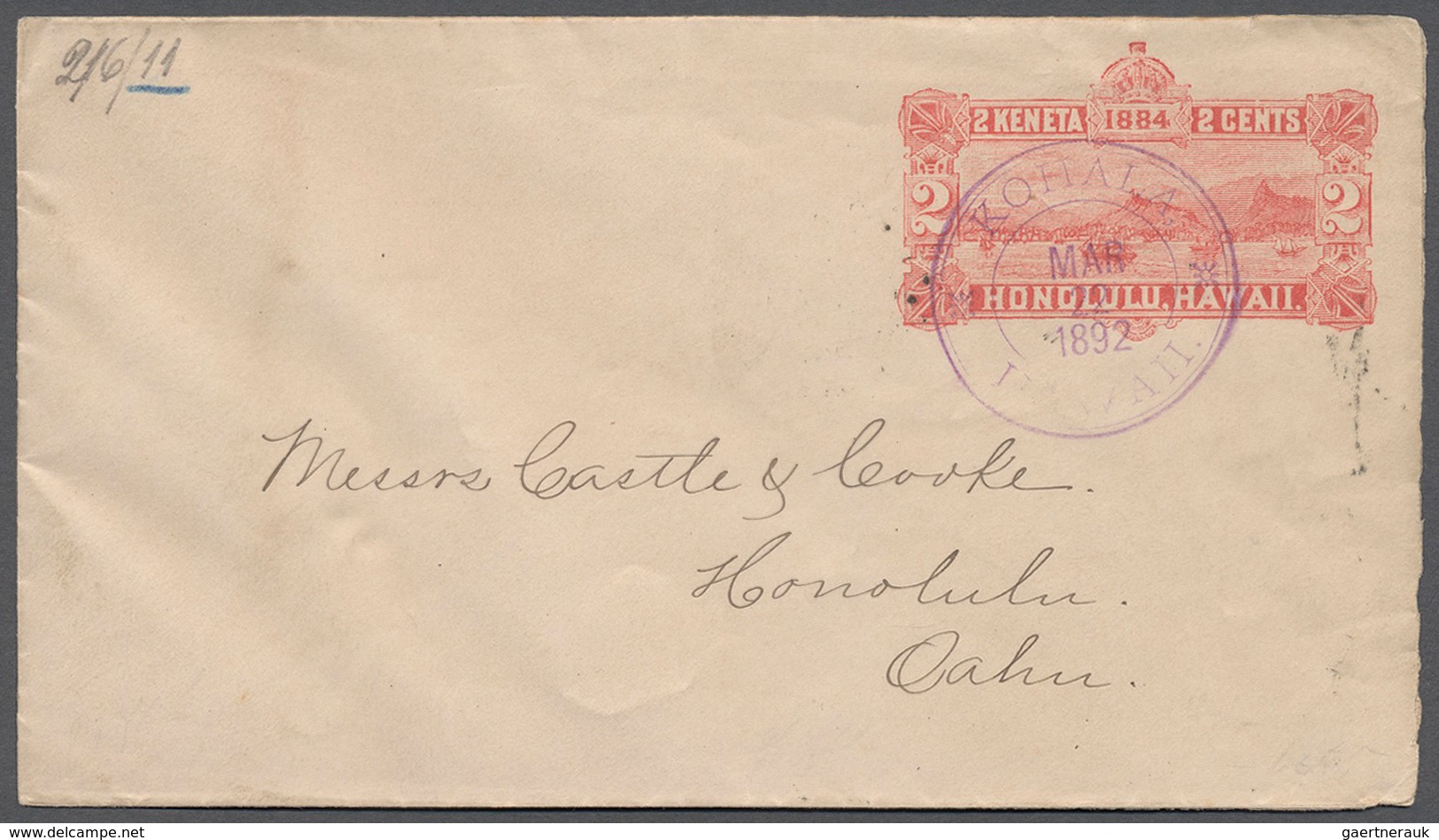 12047 Hawaii - Ganzsachen: 1892, 2 C. Red Postal Stationery Envelope Tied By "KOHALA HAWAII MAR/22/1892" C - Hawaii