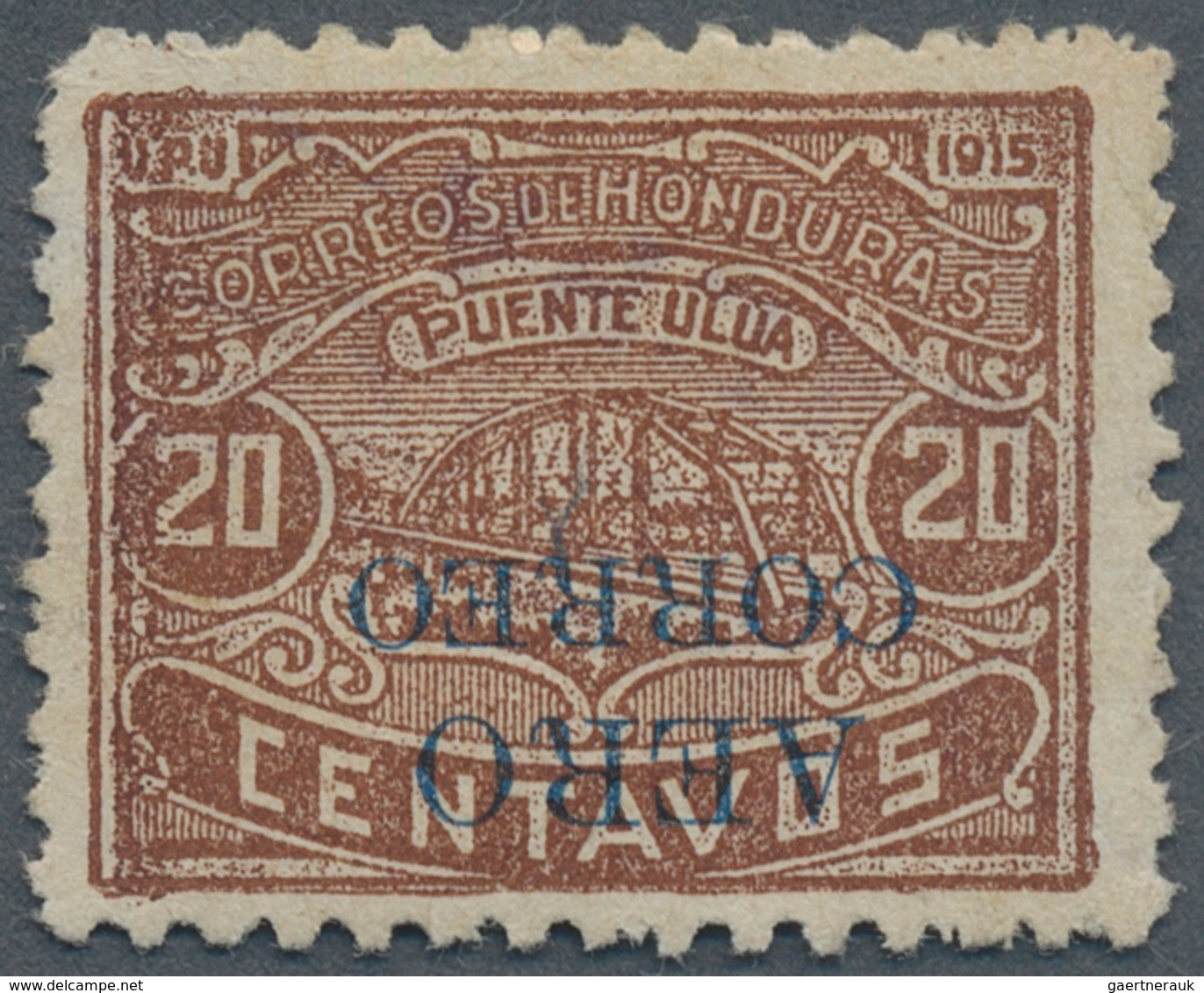 12049 Honduras: 1925, 20 C. AIRMAIL-STAMP Overprinted Type (41) In Blue With Extreme Scarce Variety "inver - Honduras