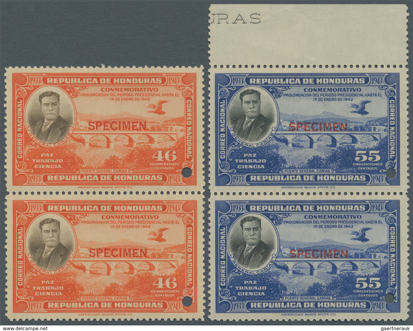 12050 Honduras: 1937, President Tiburcio Carias, Complete Set In Vertical Pairs With ABN Specimen Overprin - Honduras