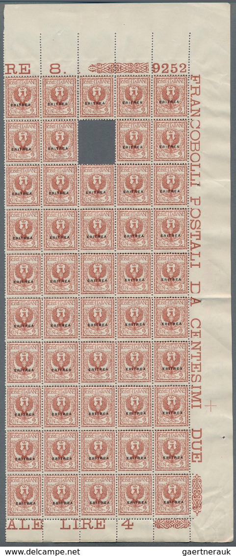 12060 Italienisch-Eritrea: 1924. Partial Sheet Of 50 (one Stamp Missing) For 2c Orange-brown With "ERITREA - Eritrea