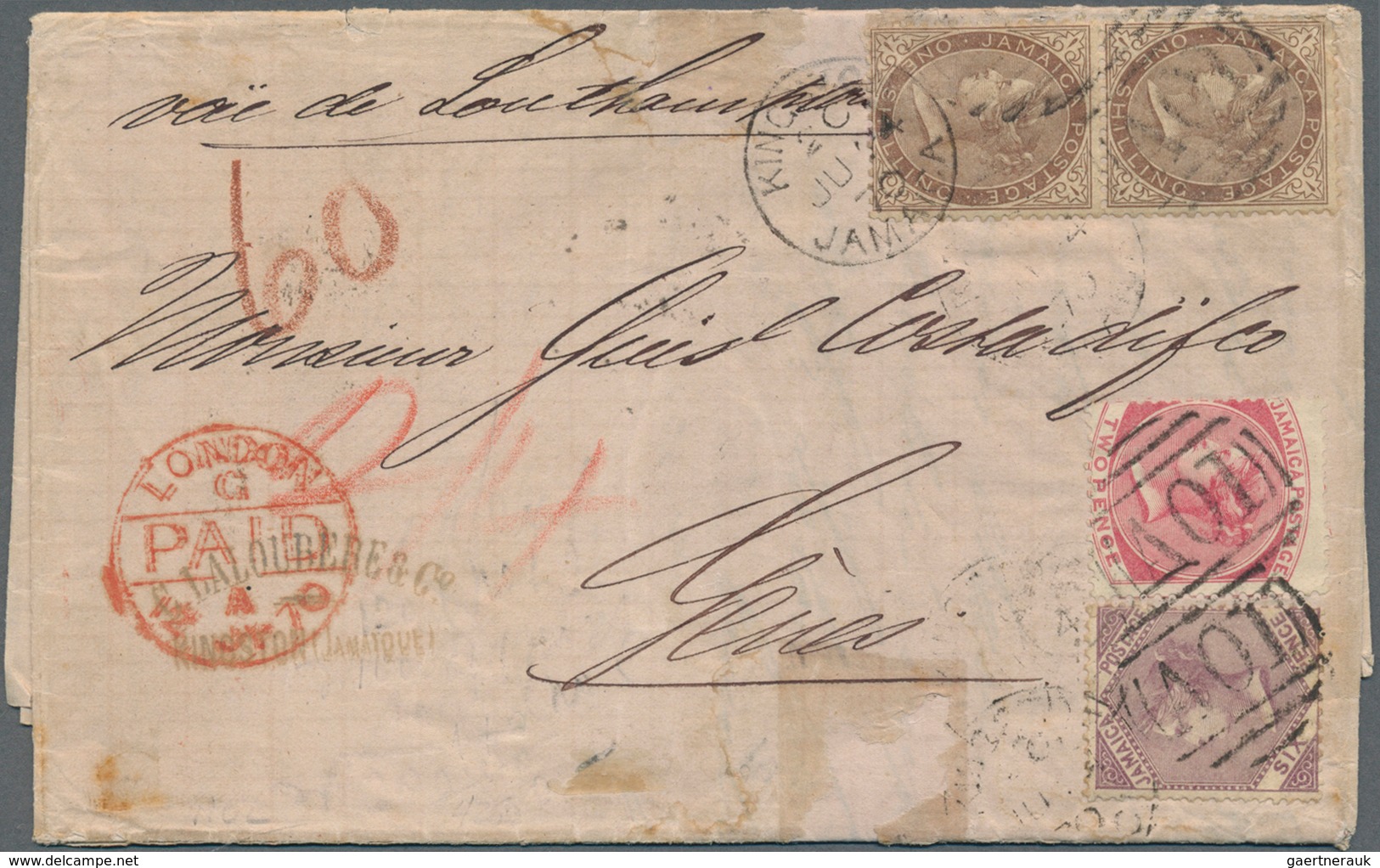 12083 Jamaica: 1870, Entire Letter From KINGSTON To GENOVA, At Quadruple 2/8 Sh Rate Paid By 1 Sh (2), 2 D - Jamaique (1962-...)