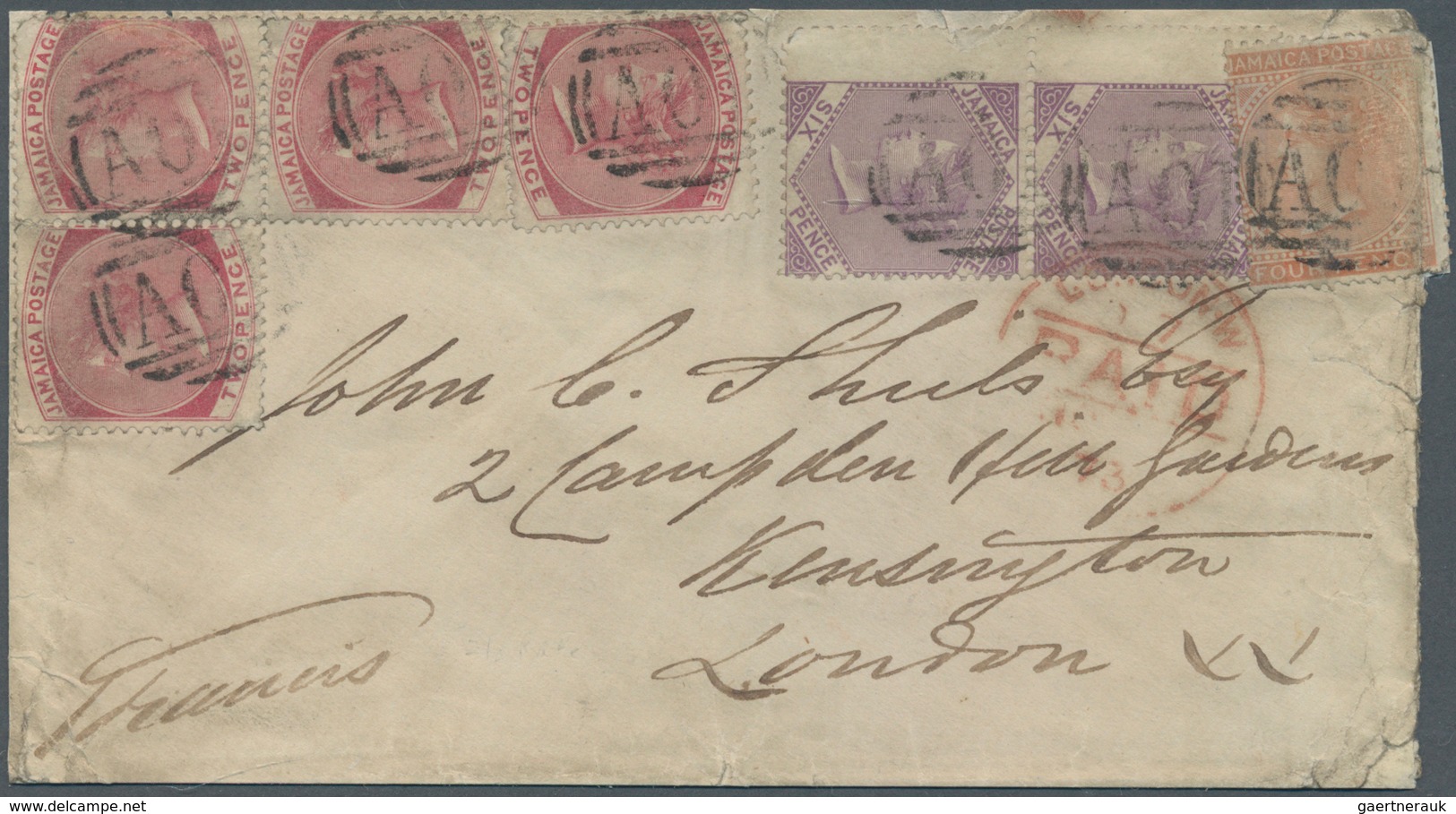 12085 Jamaica: 1873, Cover From KINGSTON To London, Bearing 2 D (49, 4 D, 6 D (2) Of The Crown Cc Watermar - Jamaica (1962-...)