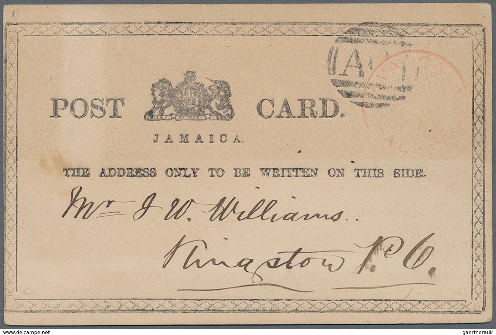 12086 Jamaica: 1877, HALF PENNY Red Postal Stationery Card With Black Frame "crossed Lines", Local Usage W - Jamaique (1962-...)