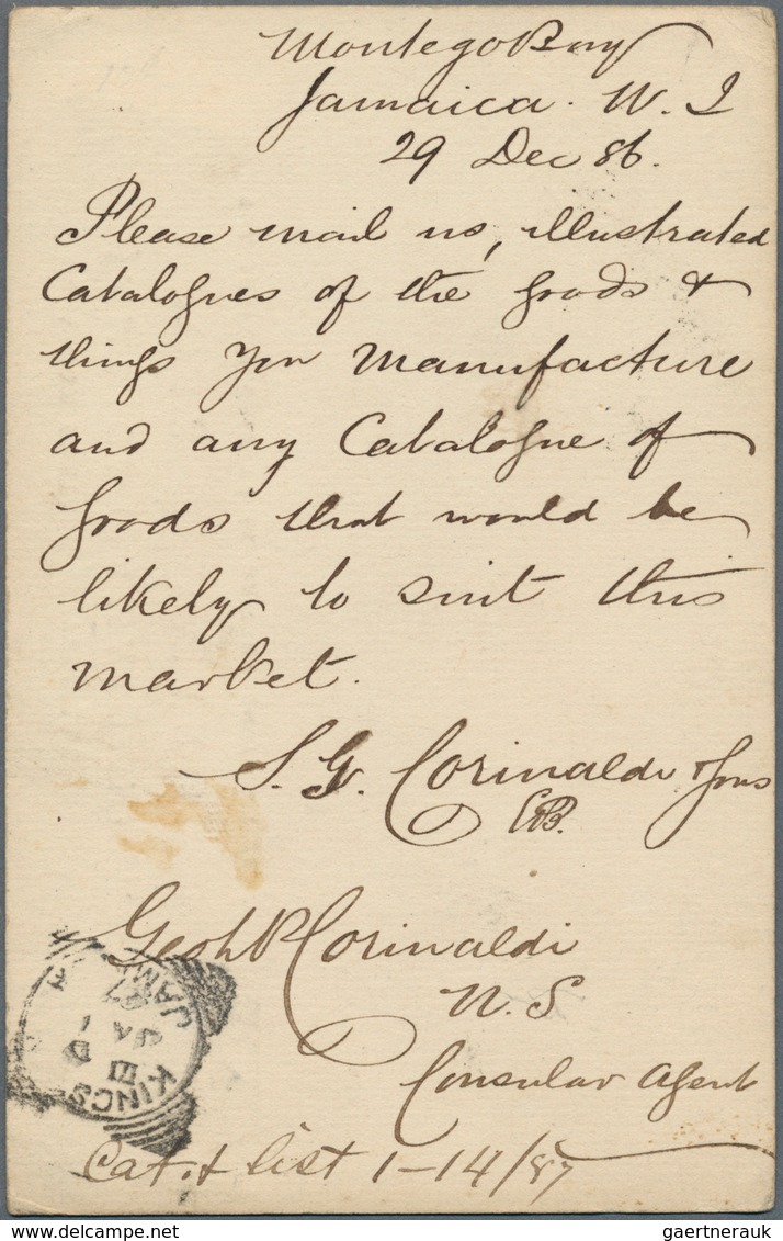12090 Jamaica: 1883, 1 1/2 D Grey QV Postal Stationery Card With Squared Circle Dater MONTEGO BAY, 29.DE 8 - Jamaica (1962-...)