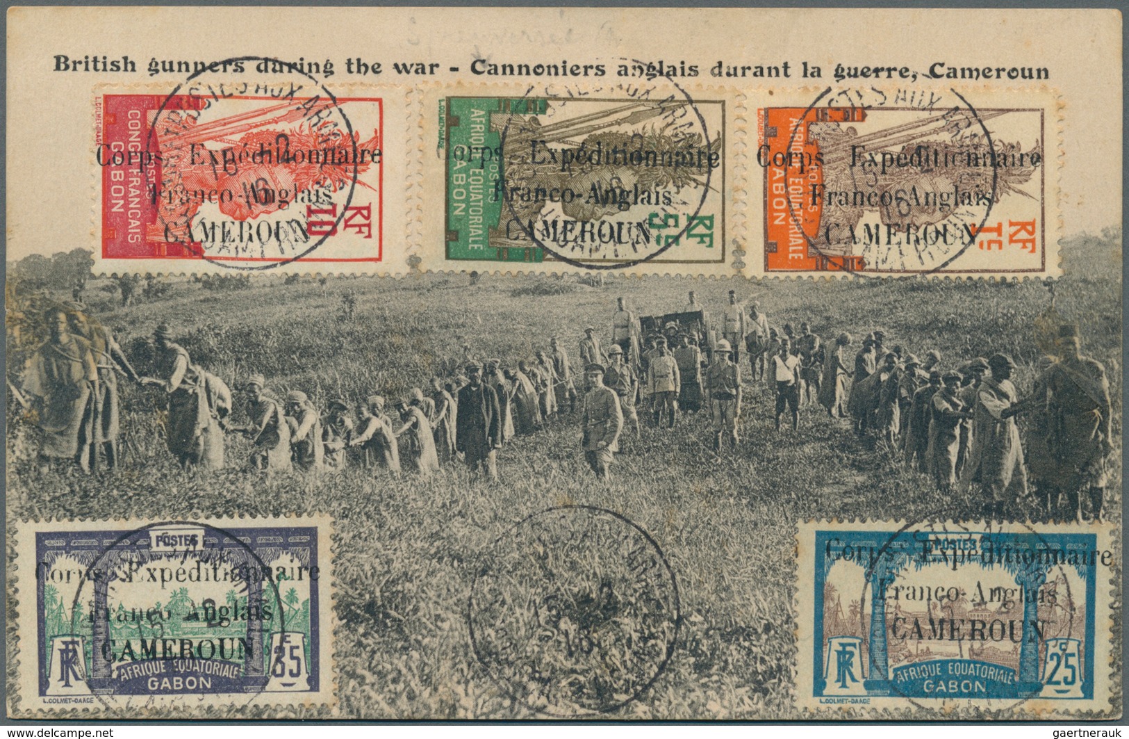 12098 Kamerun: 1916. Guerrier 1c, 5c And 10c, And Libreville 25c And 35c On The Reverse Of An Unused Photo - Cameroun (1960-...)