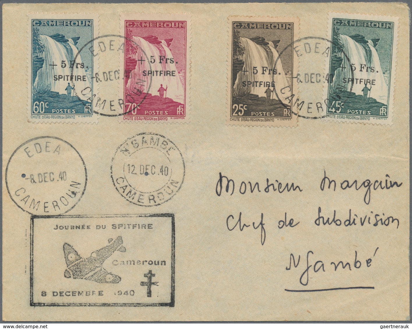 12103 Kamerun: 1940, War Fund + 5 Fr. On 25 C. - 70 C. Complete Tied By Cds. "EDA CAMEROUN 8.DEC.40" To Co - Camerun (1960-...)