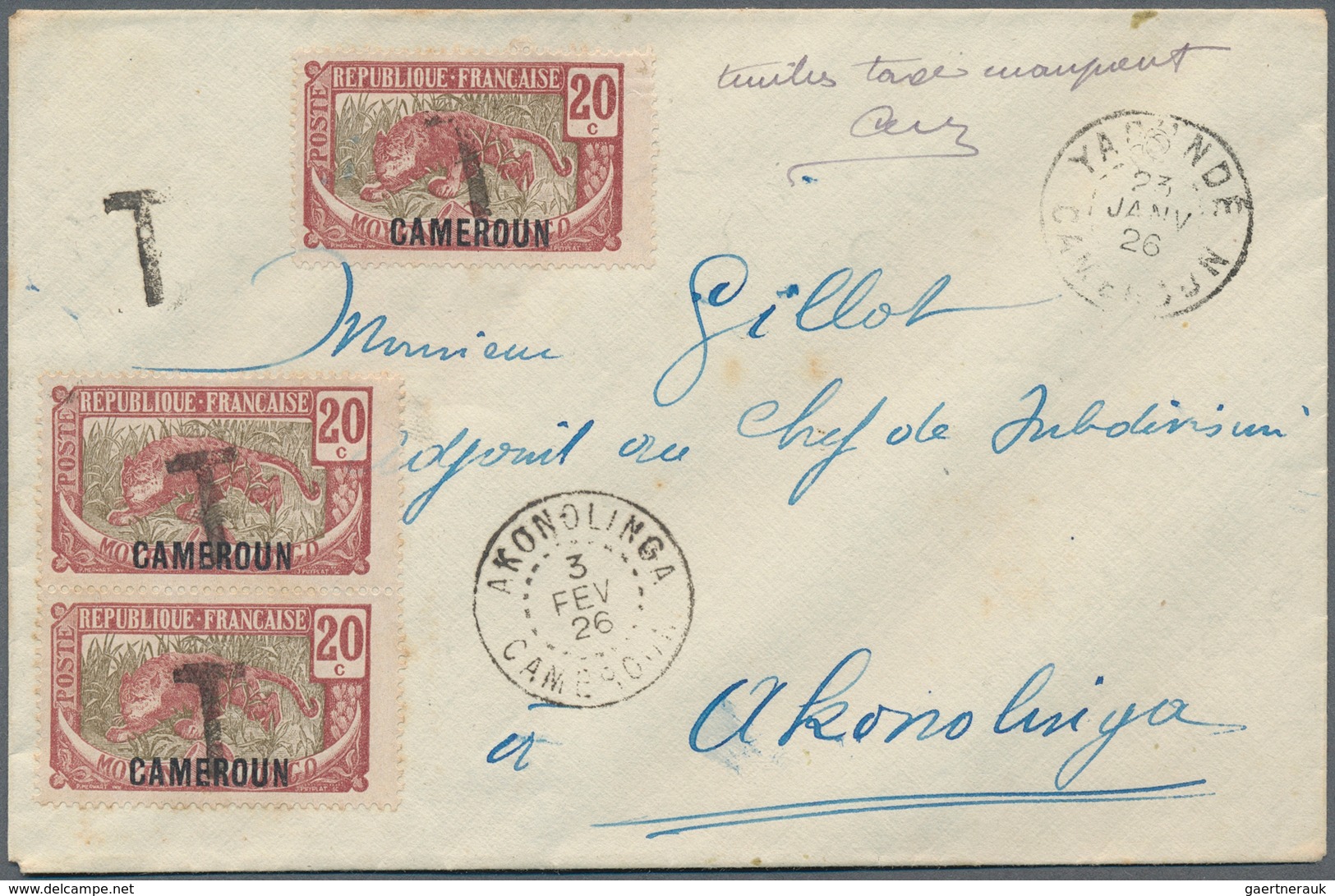 12107 Kamerun - Portomarken: 1921, Unpaid Cover From YAOUNDE, 23.JANV 26, Sent To Akonolinga And Charged W - Kamerun (1960-...)