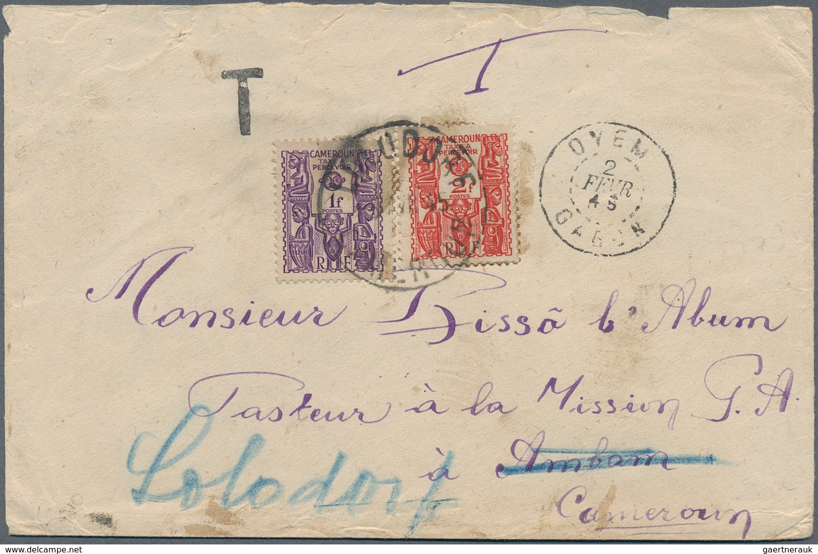 12108 Kamerun - Portomarken: 1939, Unpaid Cover From OYEM / GABON, 2.FEVR 45, Sent To Ambam And Redirected - Cameroun (1960-...)