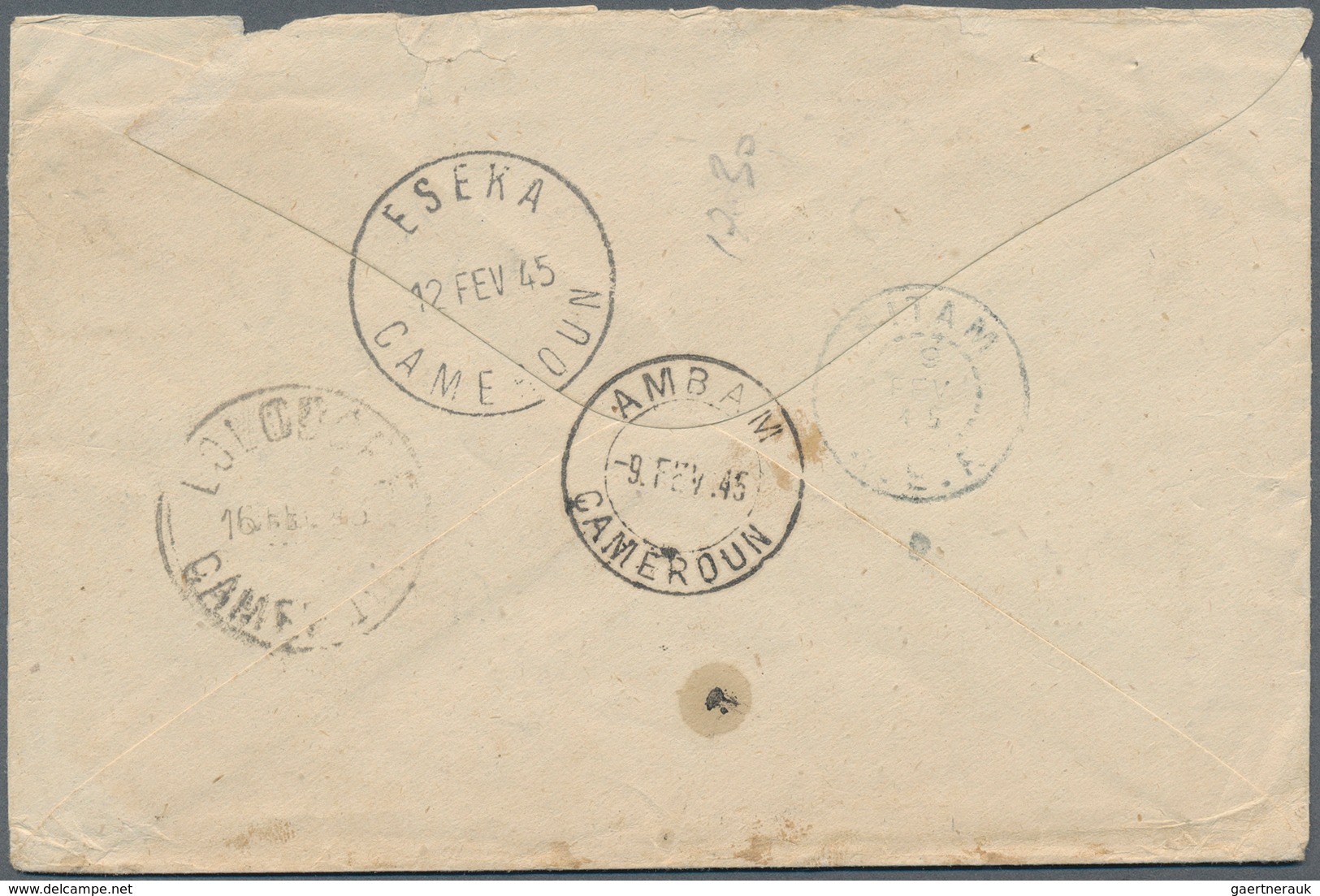 12108 Kamerun - Portomarken: 1939, Unpaid Cover From OYEM / GABON, 2.FEVR 45, Sent To Ambam And Redirected - Cameroun (1960-...)