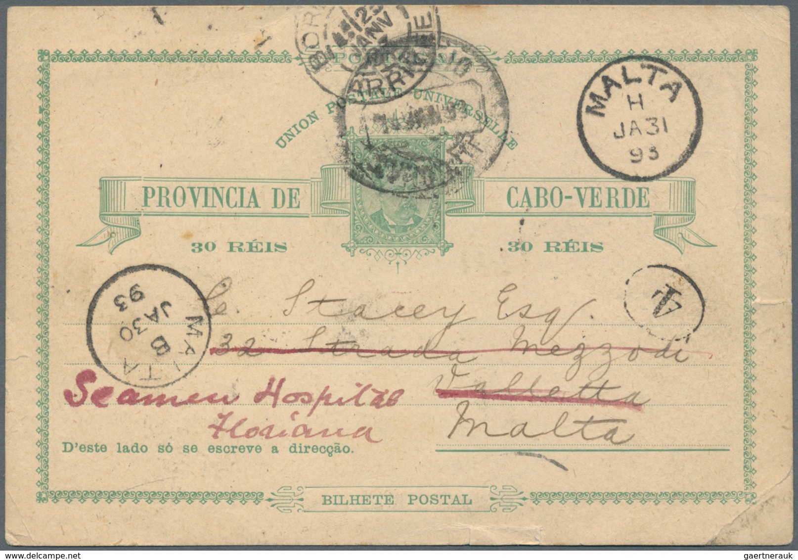 12109 Kap Verde: 1893, Stationery Card, From Cabo Verde Via Lissabonne To Malta, There Redirected To Seame - Kap Verde