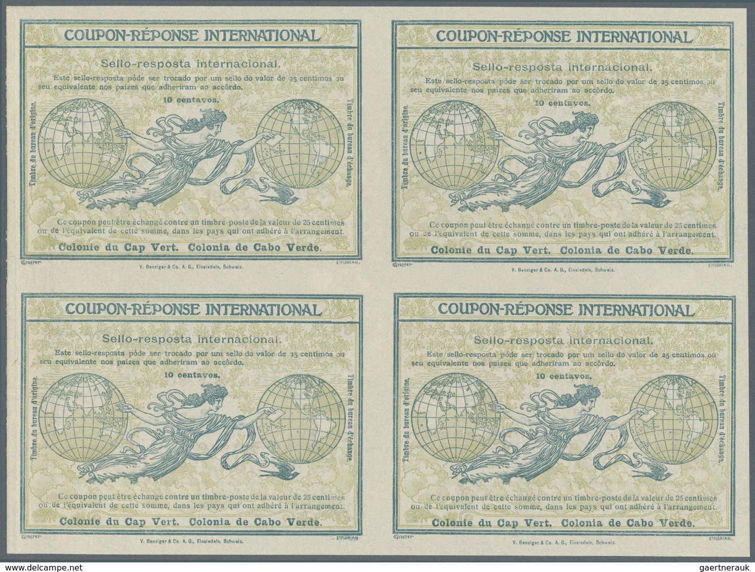 12110 Kap Verde: Design "Rome" 1906 International Reply Coupon As Block Of Four 10 C. Cabo Verde. This Blo - Kap Verde