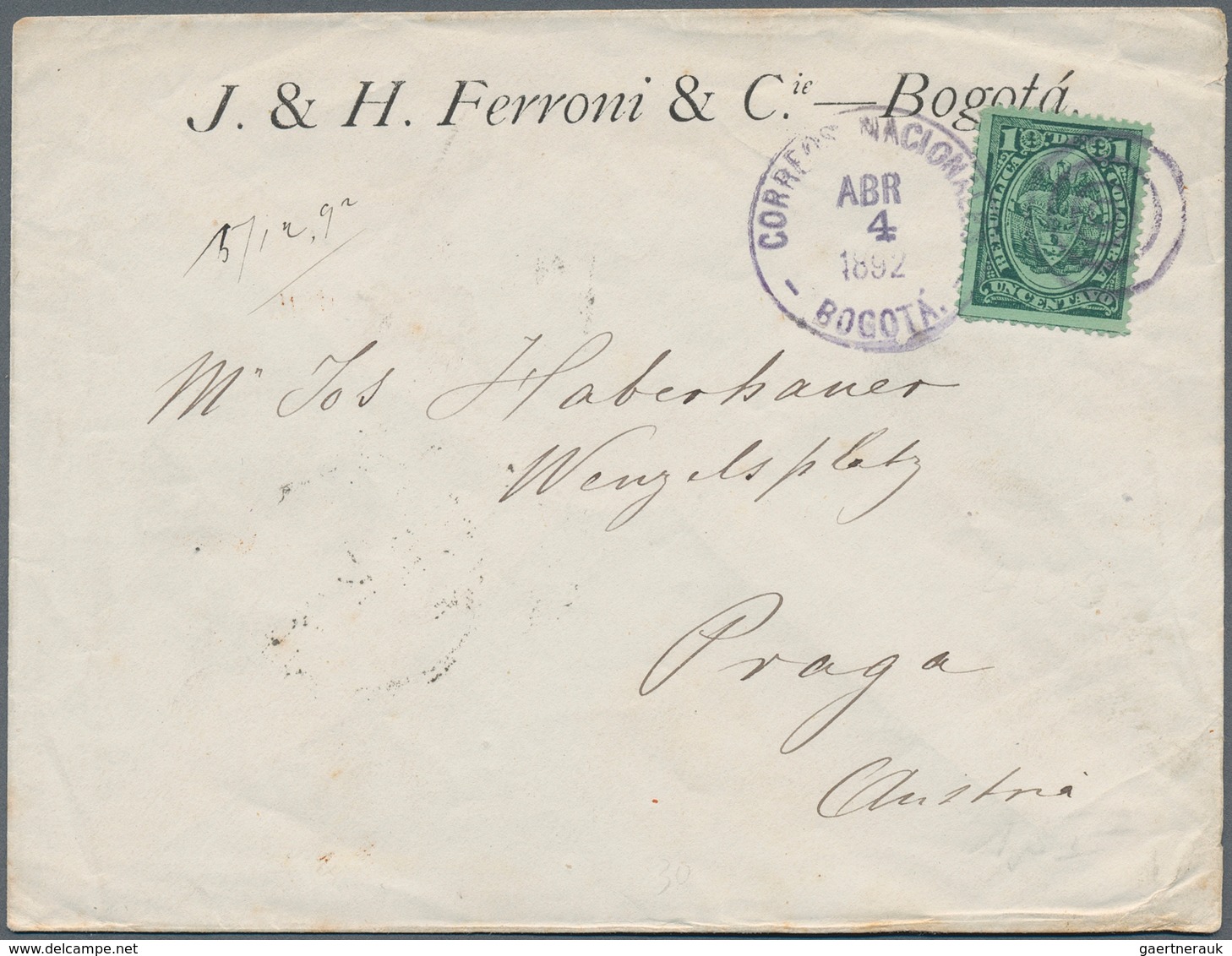 12116 Kolumbien: 1892, Printed Matter To Prag Franked By 1 Centavo Cancelled By Duplex "CORREO NACIONAL BO - Colombie