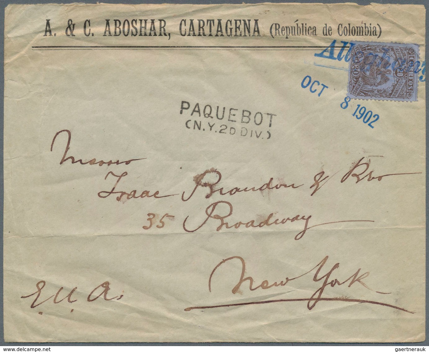 12121 Kolumbien: 1902, 20 C Brown On Blue, Single Franking On Commercial Cover From Cartagena With Blue Si - Kolumbien