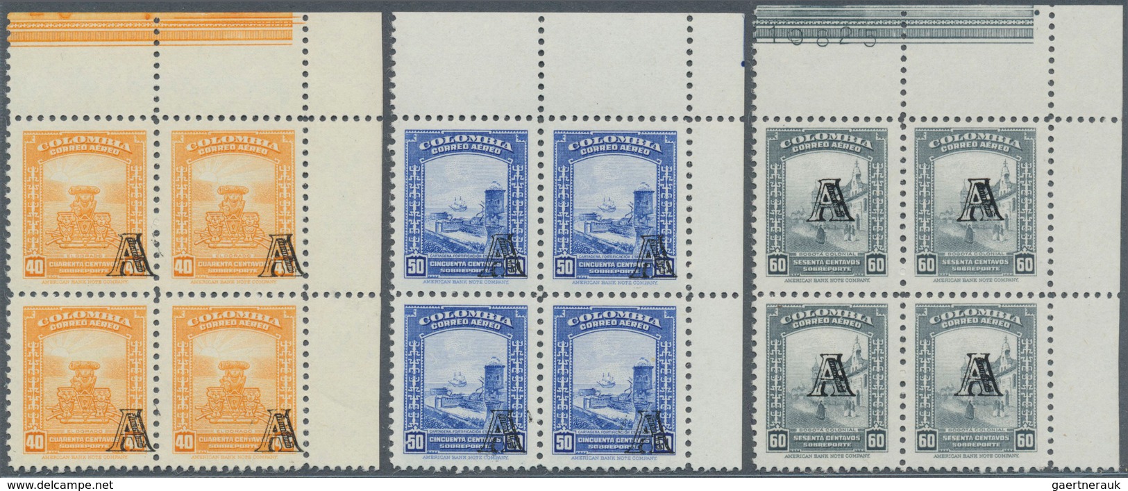 12123 Kolumbien: 1951 Airmail Issue 40 C To 5 P With Imprint "A" On Right Lower Side In Blocks Of Four Fro - Colombie