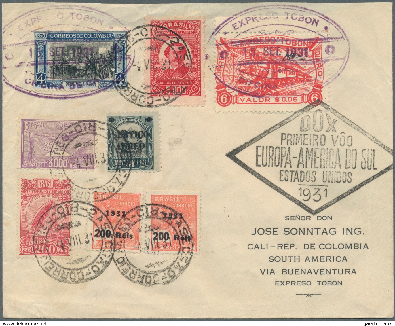 12124 Kolumbien - Eilmarken: 1931 EXPRESO TOBON: DOX Cover From Rio De Janeiro To Cali, Colombia Via Buena - Colombie