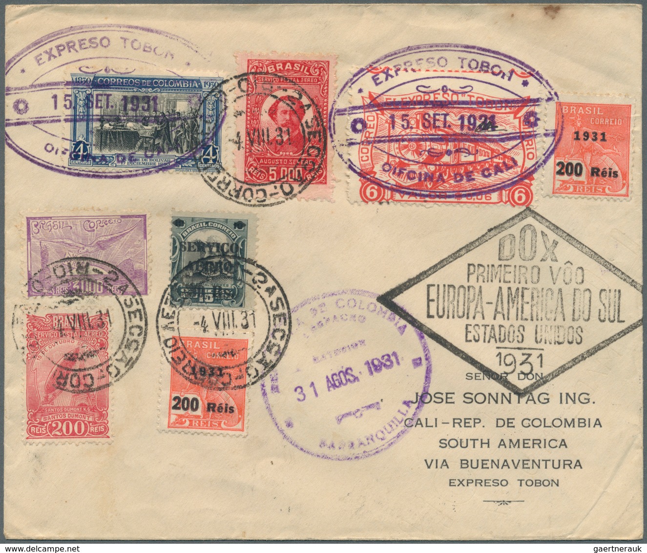 12125 Kolumbien - Eilmarken: 1931 EXPRESO TOBON: DOX Cover From Rio De Janeiro To Cali, Colombia Via Buena - Colombia