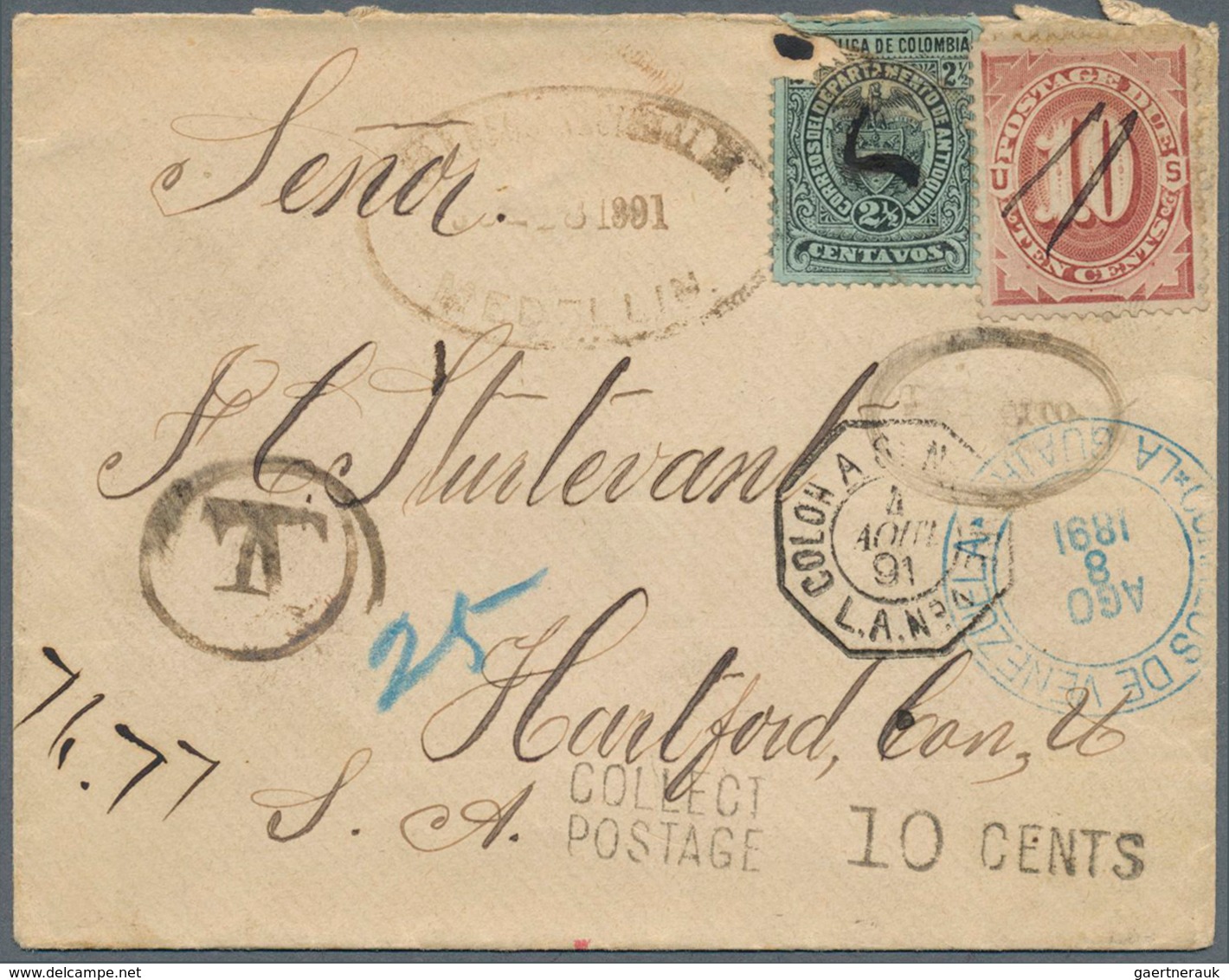 12129 Kolumbien - Departamentos: Antioquia: 1891, 2 1/2 C Black On Bright Blue (defective) On Cover From M - Colombie