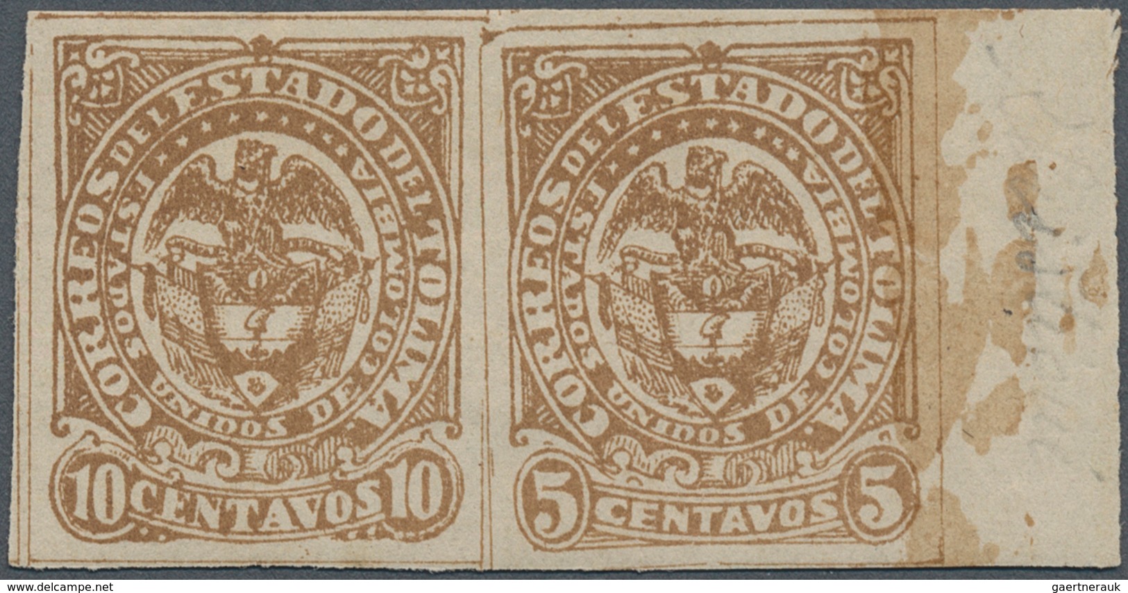 12130 Kolumbien - Departamentos: Tolima: 1886, 5 C. Brown Se-tenent With Error 10C. Brown, Marginal Pair M - Kolumbien