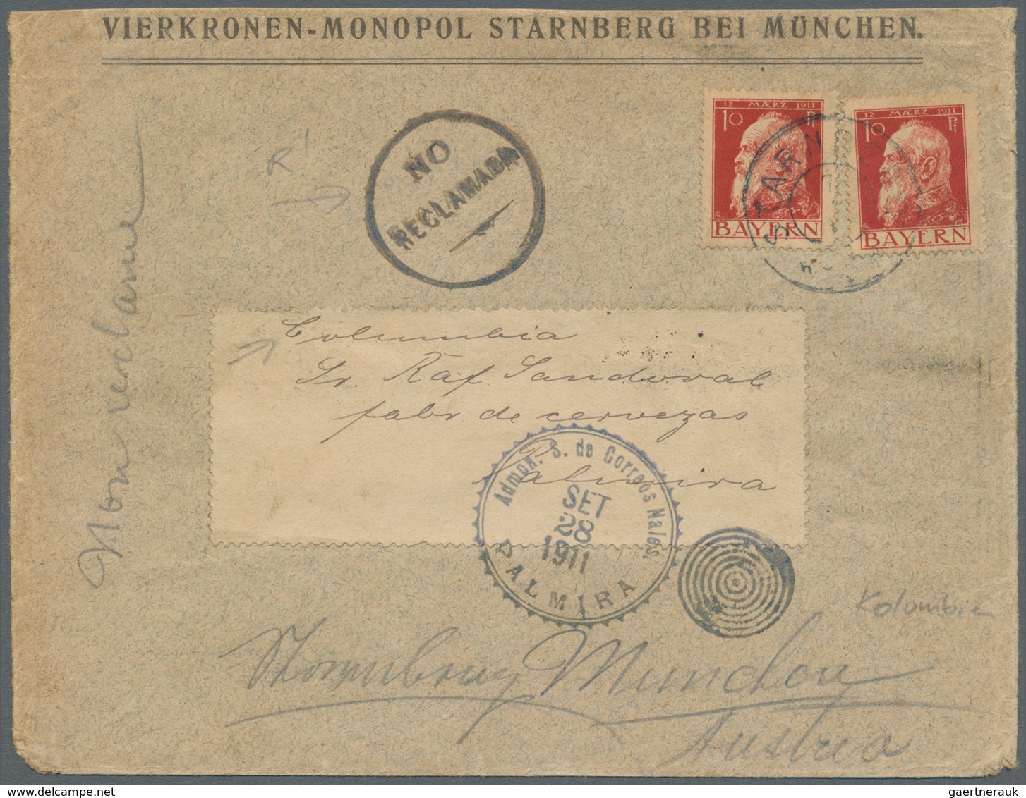 12137 Kolumbien - Stempel: 1911, "NO RECLAMADA" Cds On Bavarian Envelope Bearing Luitpolt 2x 10 Pf. Sent F - Colombie