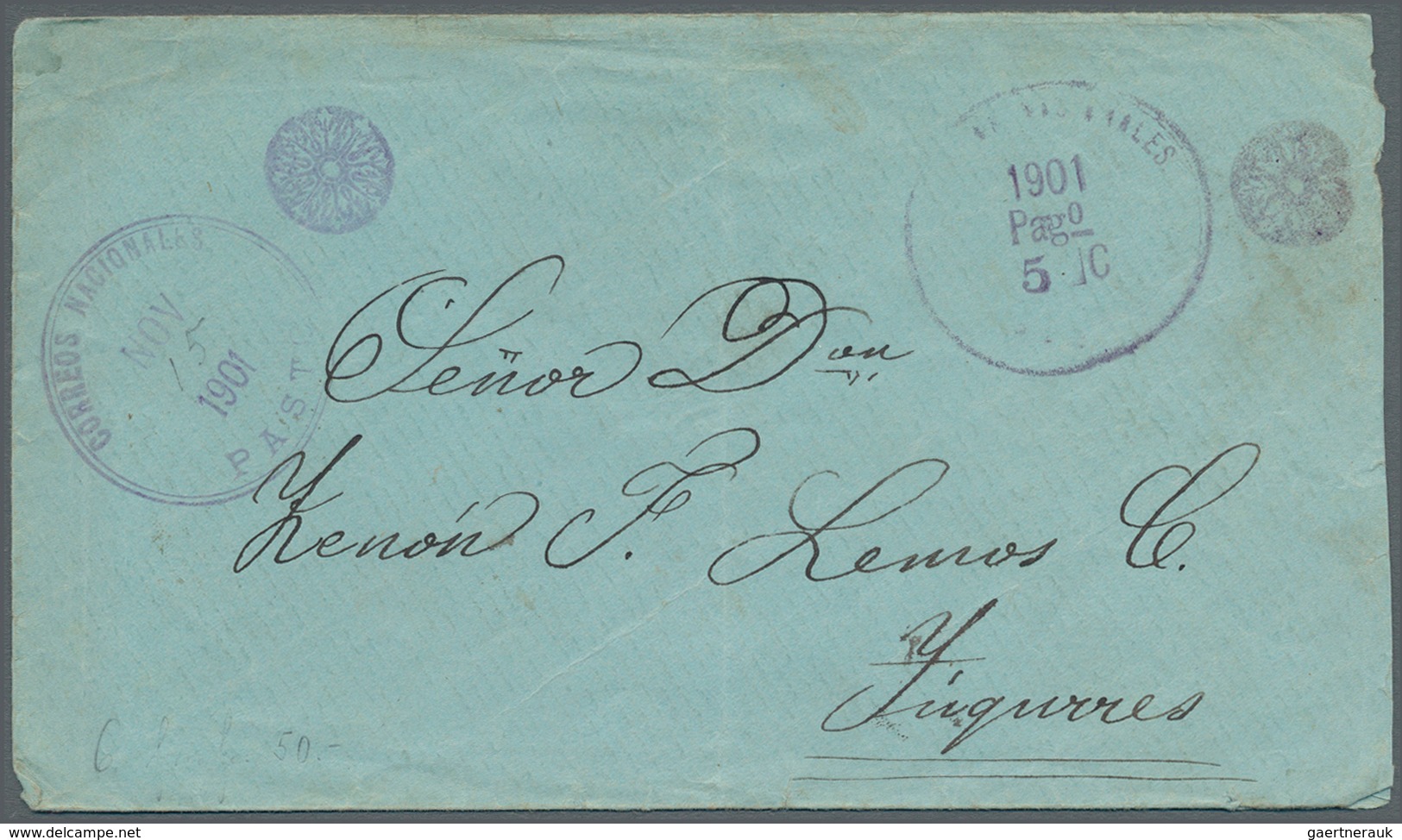 12138 Kolumbien - Stempel: PASTO NOV 15 1901 And Rare "1901 Pago 5 C" Two Rare Violed Paid Duplex-cancels - Colombie