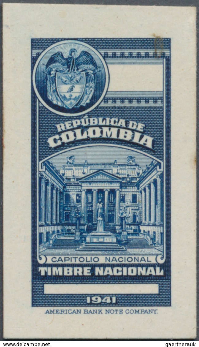 12139 Kolumbien - Besonderheiten: Revenues: 1941, Imperforated "Timbre National" Blue Proof On Card, Fine - Colombie