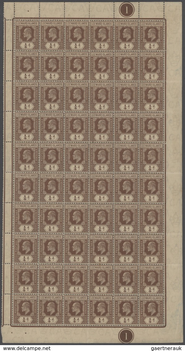 12143 Leeward-Inseln: 1909, KEVII ¼d. Brown With Mult Crown CA Wmk. Part Sheet Of 60 (right Pane) With Mar - Leeward  Islands