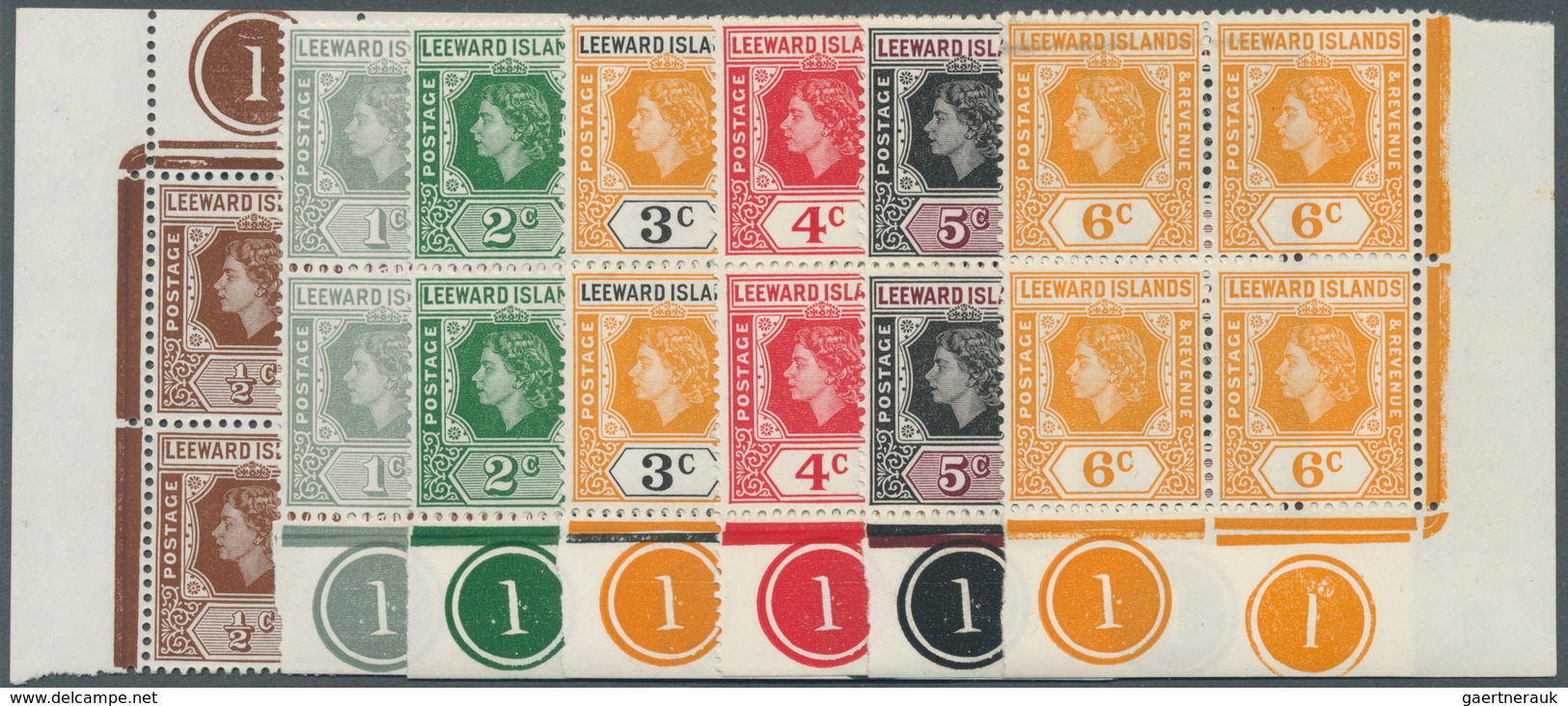 12145 Leeward-Inseln: 1954, QEII Definitives Complete Set Of 15 In Bloacks Of Four From Different Corners - Leeward  Islands