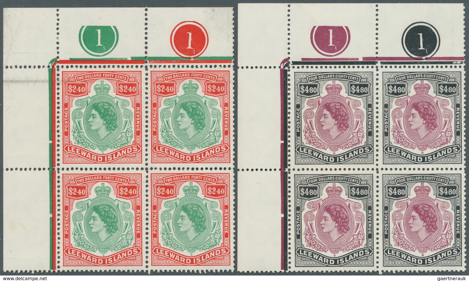 12145 Leeward-Inseln: 1954, QEII Definitives Complete Set Of 15 In Bloacks Of Four From Different Corners - Leeward  Islands