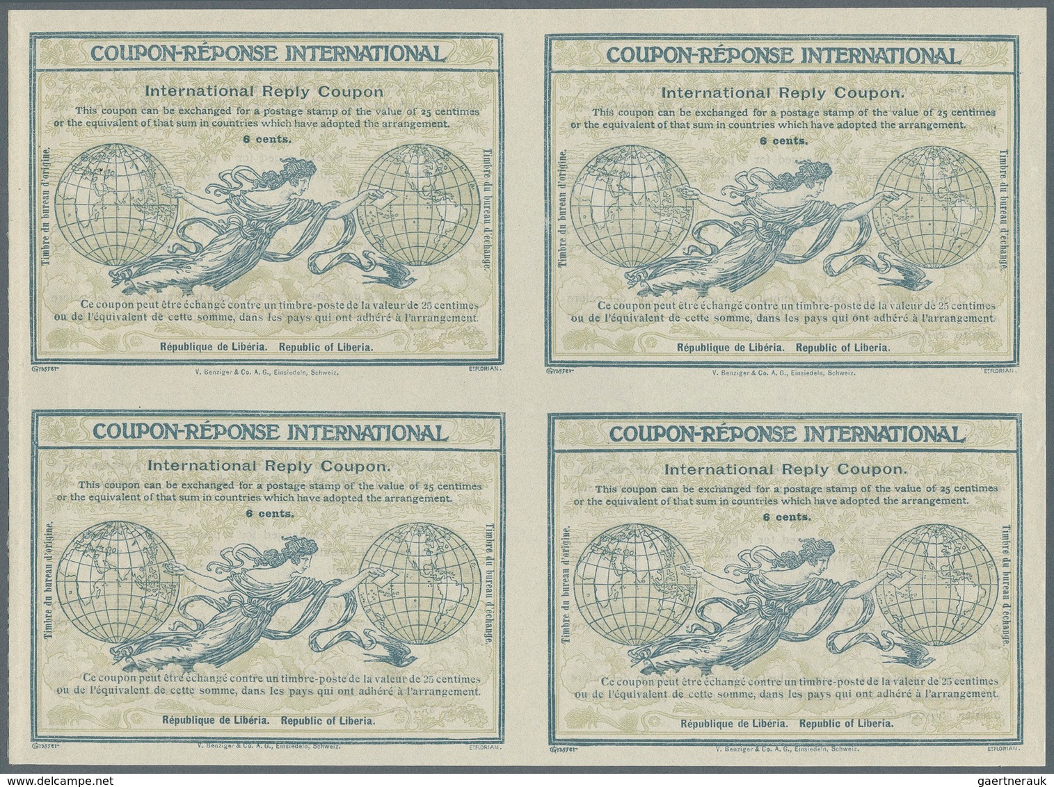 12148 Liberia: Design "Rome" 1906 International Reply Coupon As Block Of Four 6 C. Liberia. This Block Of - Liberia