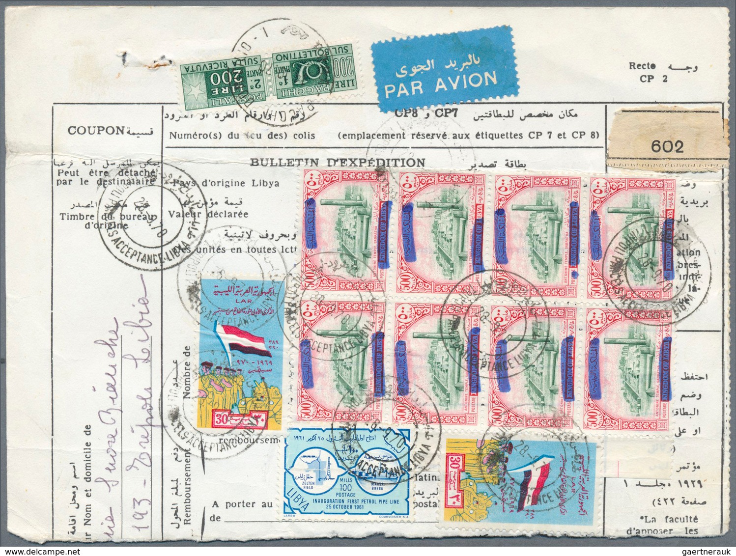 12158 Libyen: 1970: Parcel Card Sent To Italy Franked With 1965 High Value 500 M In Very Fine Bloc Of Eigh - Libyen