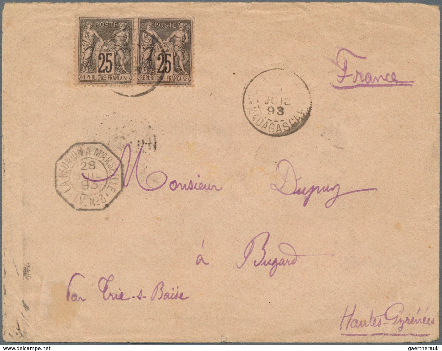 12171 Madagaskar: 1893, Letter With Two Copies Of 25 Cent Type Sage Sent From French Post Office TANANARIV - Altri & Non Classificati