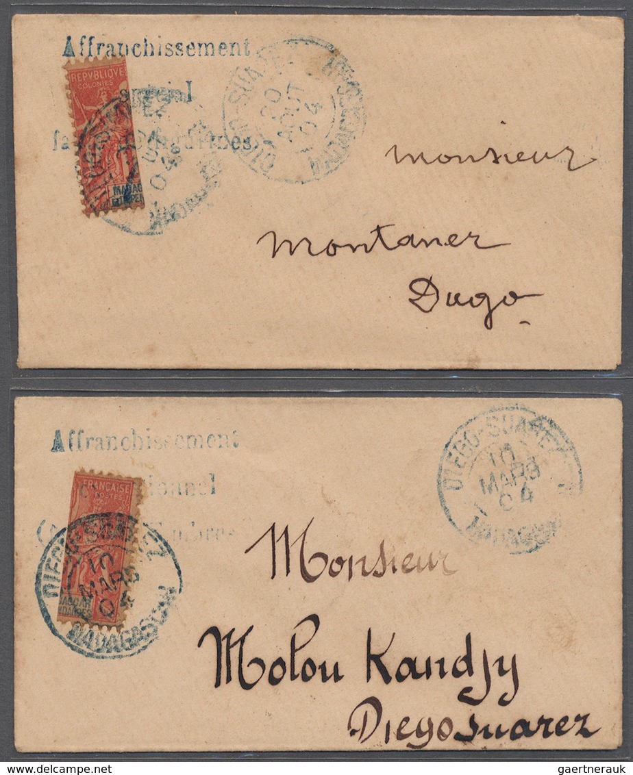 12177 Madagaskar: 1904 Provisionals: Bisected Madagascar 10c Carmine & Blue (right Half) On Local Diego Su - Autres & Non Classés