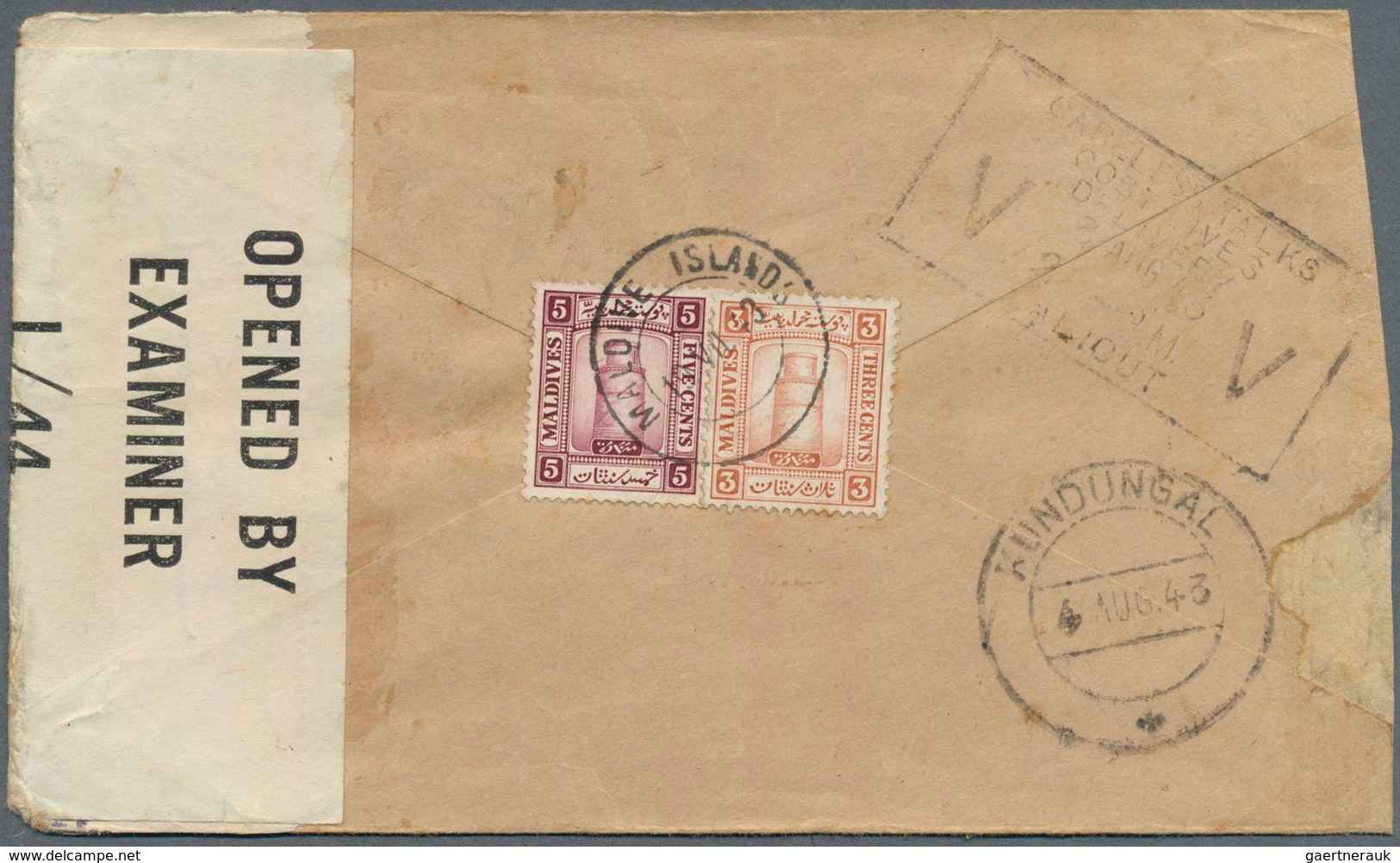 12178 Malediven: 1943 Censored Cover To Calicut, India And Redirected, Franked On Back By 1909 5c. Red-lil - Maldives (1965-...)