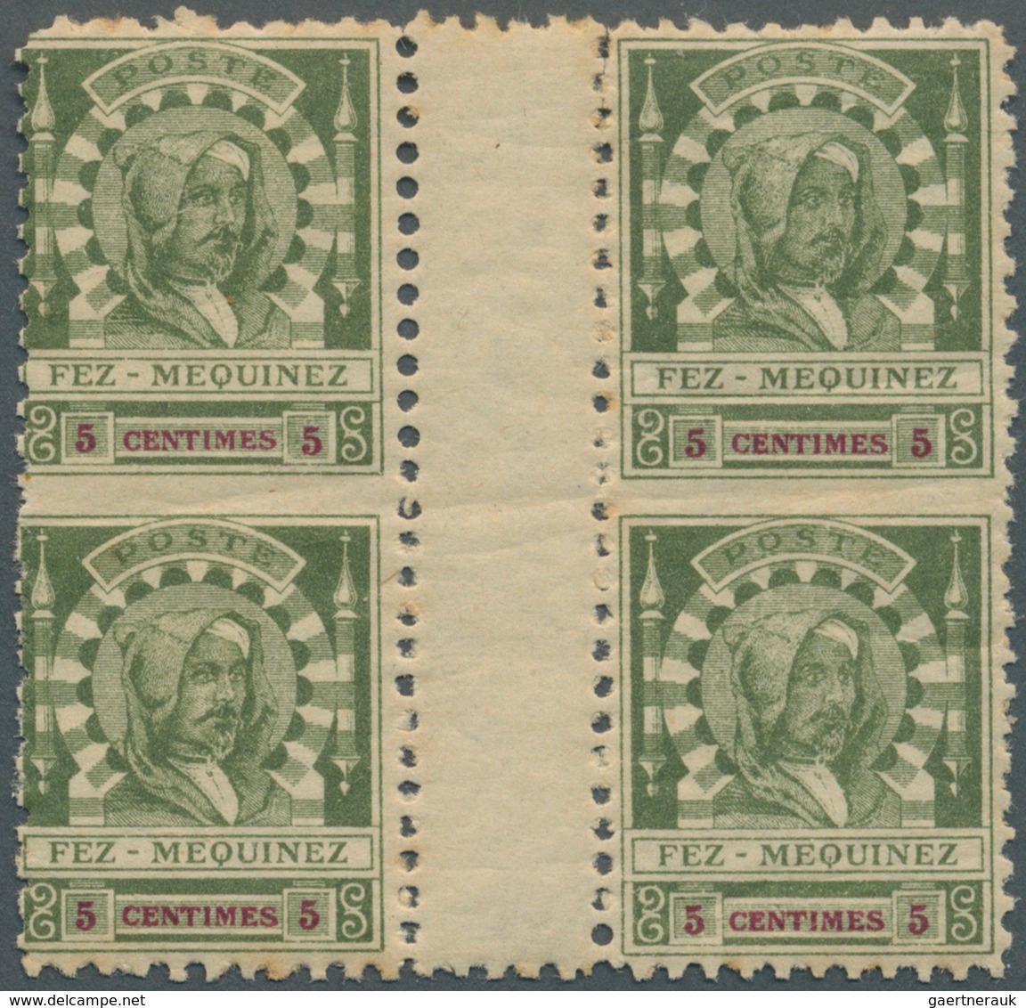 12180 Marokko: 1897. Local Issue FEZ À MEQUINEZ: 5c Green And Carmine In A Block Of 2 Vertical Pairs Conne - Maroc (1956-...)