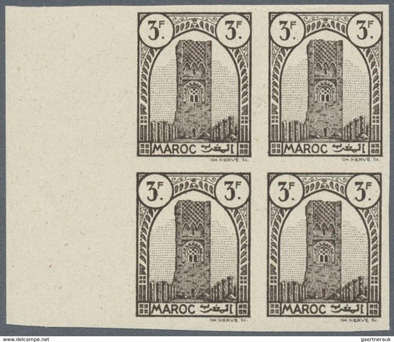 12189 Marokko: 1943/1944, Definitives "Tour Hassan", 3fr. Brown, Imperforate Left Marginal Block Of Four W - Marokko (1956-...)